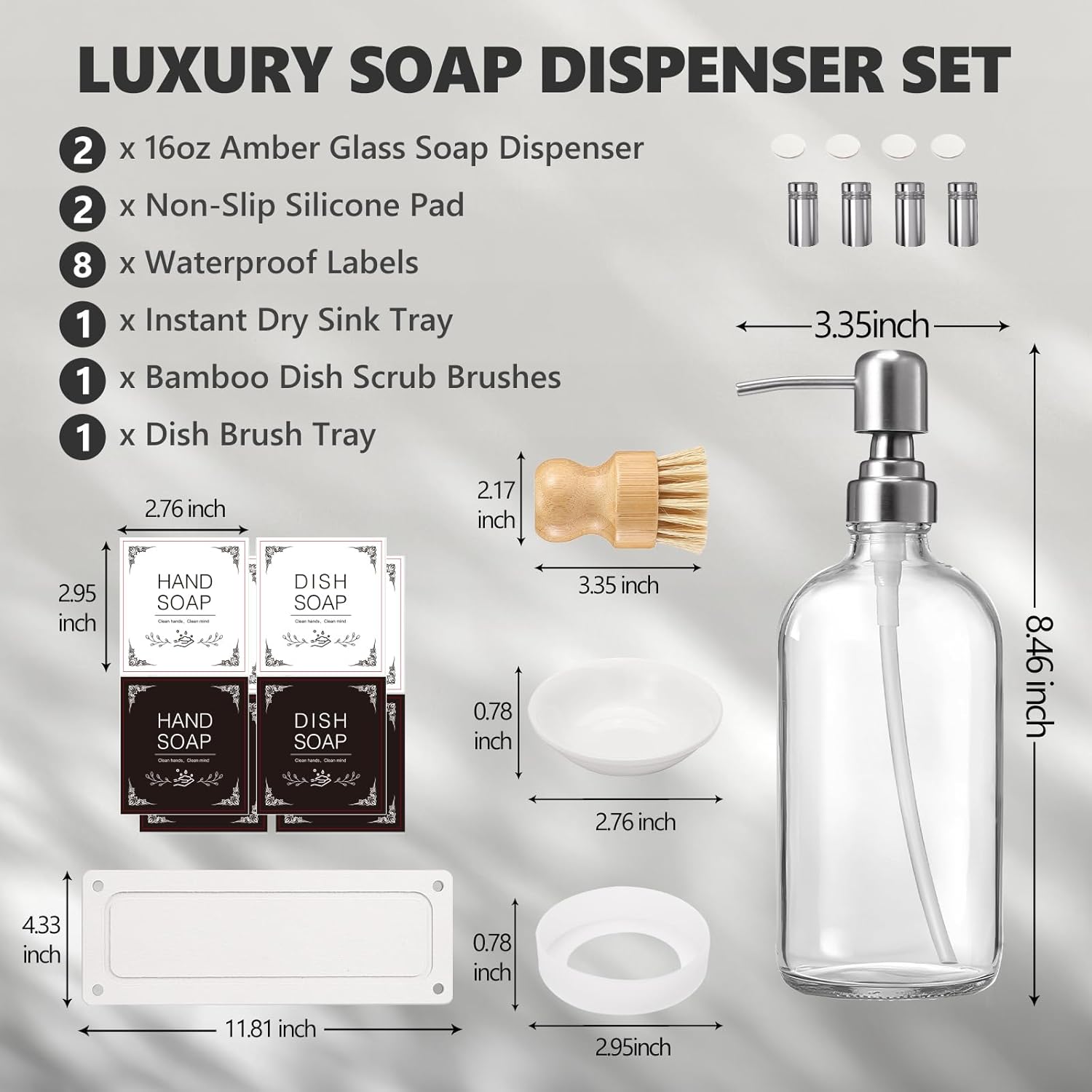 Dish Soap Dispenser Set for Kitchen - 16oz Glass Bottles with Stainless Steel Pump and Quick Dry Tray, Modern Sink Organizer with Dish Brush and Waterproof Labels for Bathroom Decor