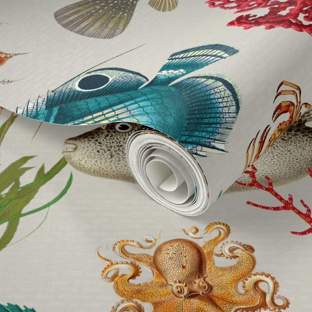 Peel & Stick Wallpaper Swatch - Beige Ocean Sea Creatures Fish Tropical Underwater Coral Custom Removable Wallpaper by Spoonflower
