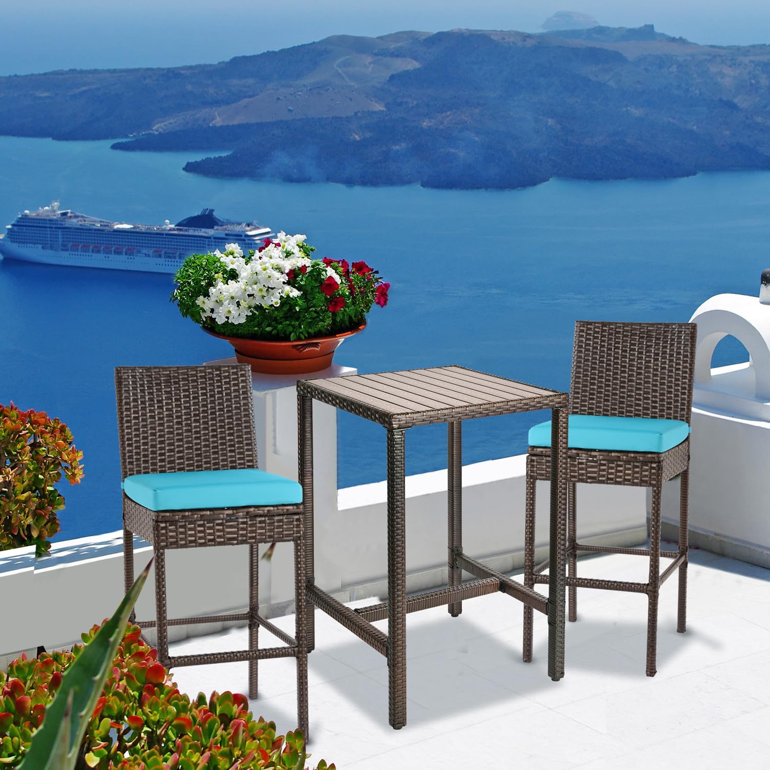 Outdoor Bar Set for Patio 3pcs Outdoor Bar Table and Chairs Set All Weather Bar Height High Top Outdoor Table and Chairs Wicker Bar Stools Set of 2 Tall Patio Table for Outside Balcony Brown (Blue)