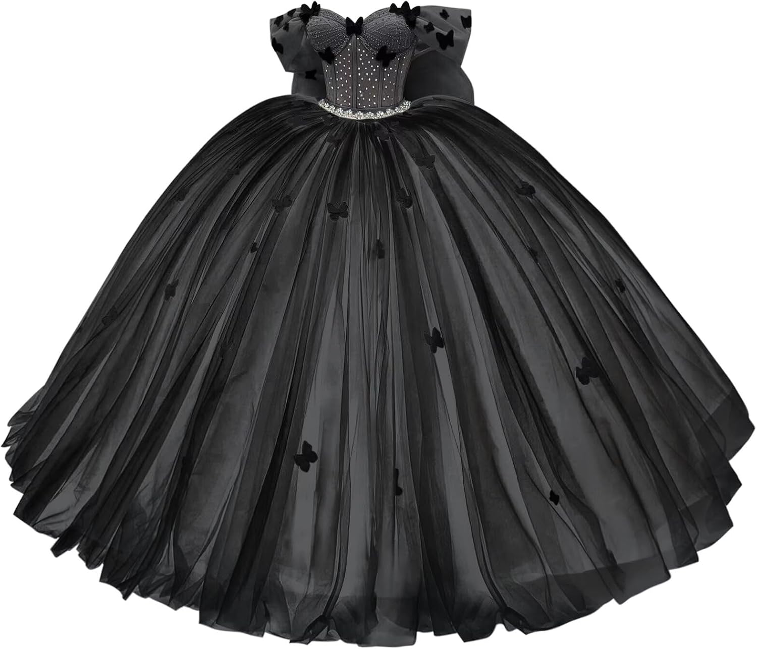 XYAYE Off Shoulder Butterfly Quinceanera Dresses with Big Bow Puffy Tulle Crystal Sweet 15 16 Dress Lace Beaded Ball Gown