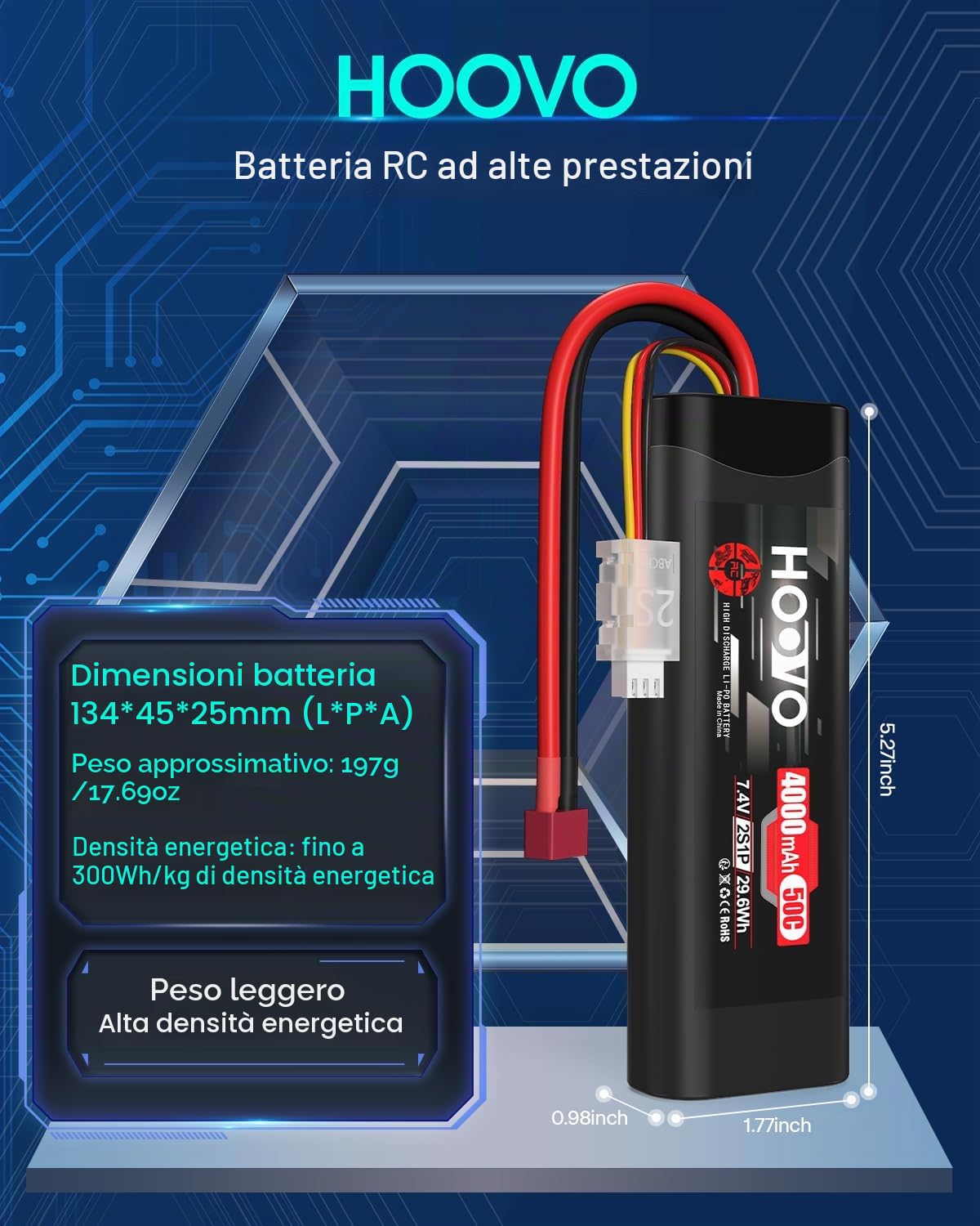Batteria 2S RC 7,4 V 50 C 4000 mAh LiPo con spina Dean Style T Batterie HOOVO per RC Car Truck Boot Hobby Quadcopter Truggy Racing Driving (2 pezzi)