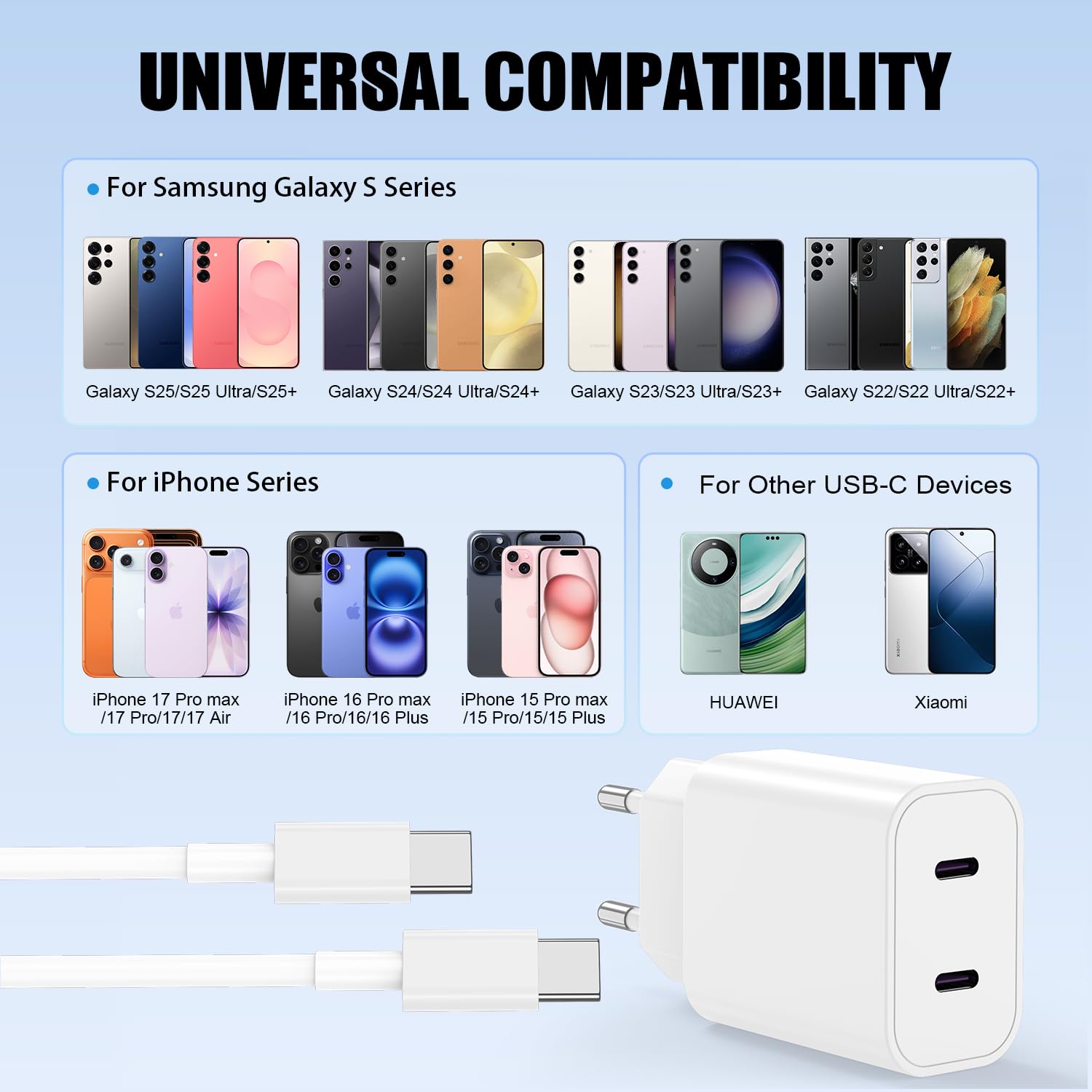 45W USB C Chargeur Rapide pour iPhone 17 16 15 Pro Max,2-Port Chargeur Usbc Apple avec 1M+2M Câble USB C pour iPhone 17 16 15 Pro /17 Air/17E/15 16 Plus/iPadPro/Samsung Galaxy S25/S24/S23 Ultra-Blanc