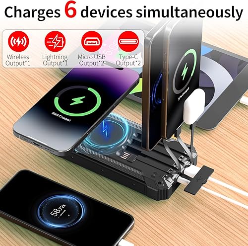 Miniatura 2 de Banco de energía solar inalámbrico de 30000 mAh con 4 cables integrados con USB C, 6 salidas y 2 entradas para iPhone, Samsung, etc., a prueba