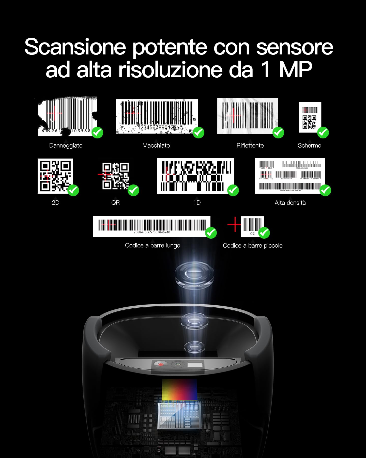 Inateck Lettore Di Codici a Barre Wireless 1D 2D QR PDF417, Doccetta Codice a Barre con 2 Batterie Sostituibili da 2000 mAh, Compatibile con Android e iOS, per Stoccaggio e Logistica, Pro 170