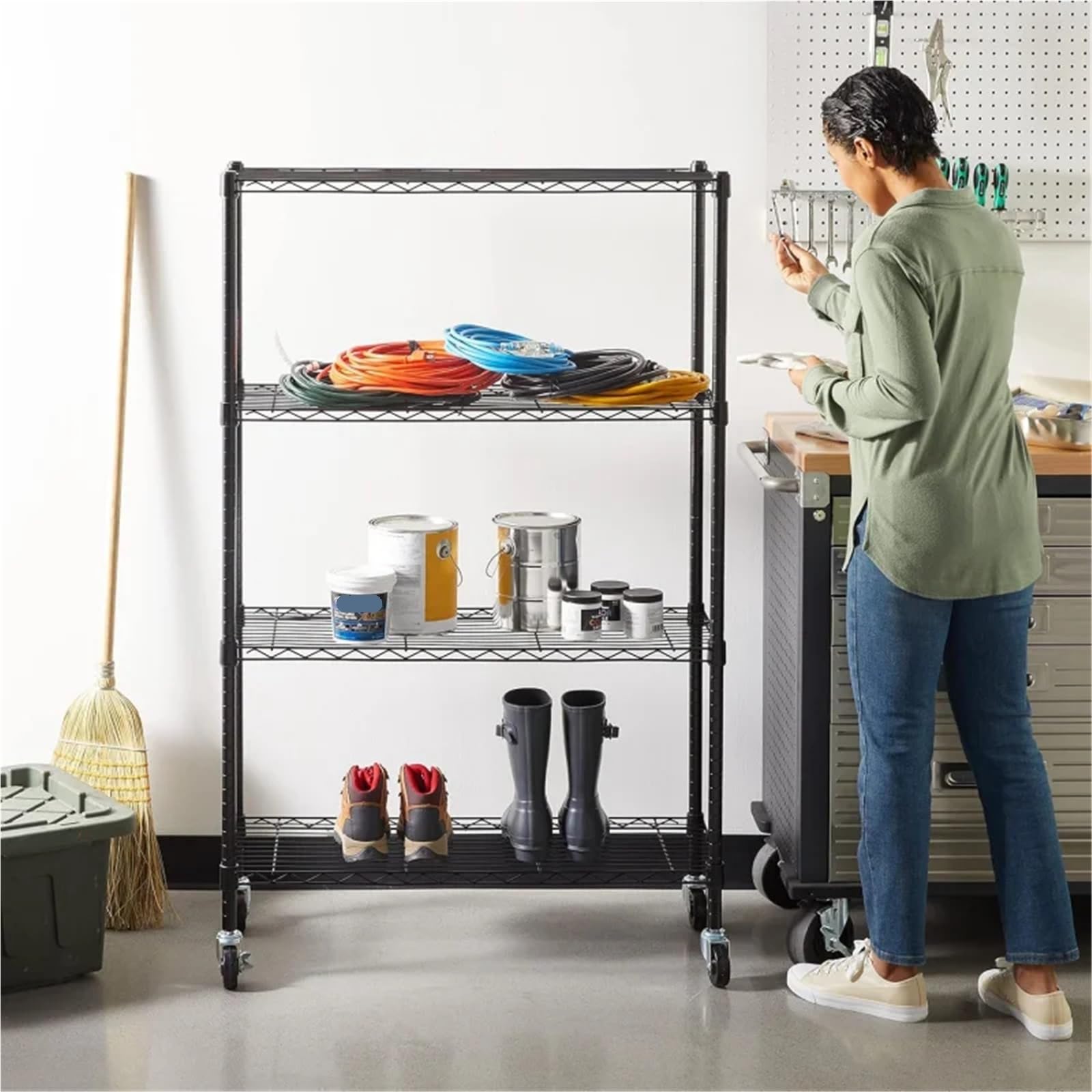 Scaffali in Metallo per Garage Scaffale portaoggetti Regolabile a 4 Ripiani in Filo di Acciaio Resistente for Garage, 36" L x 14" L x 54" A, Nero(Black)