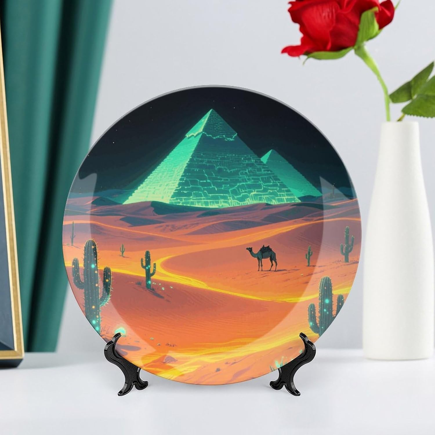 Shining Desert Decorative Plates Bone China Plates with Stand for Display 10inch Round Ceramic Dinner Plates Dessert Plate for Kitchen Party Coffee Table Decor Art
