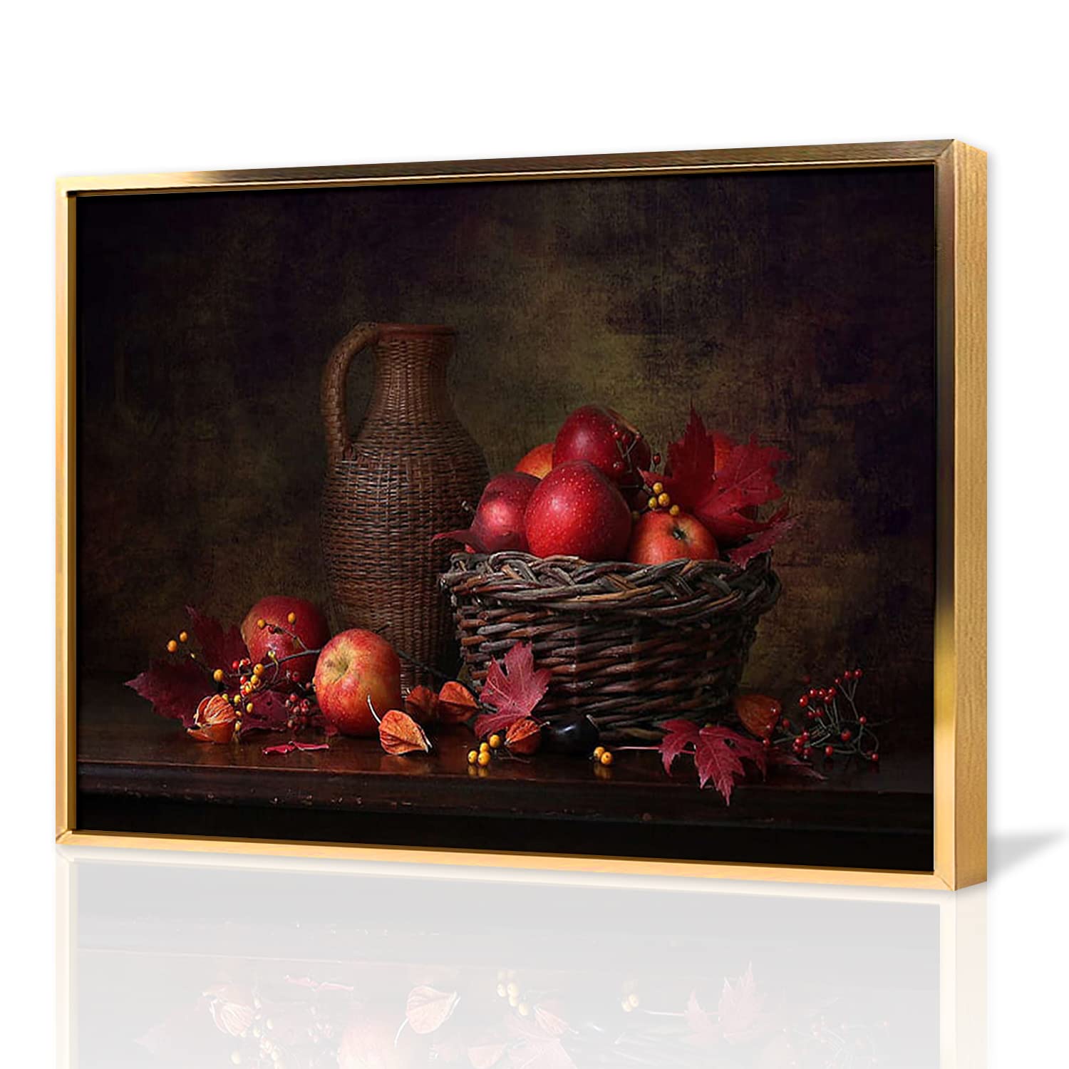 Canvas Prints Wall Art Apple Basket Fruit And Maple Pictures Painting Canvas Paintings Modern Gold Metal Aluminum Frame Ready to Hang for Home Decorations Wall Decor Modern Office Decor 12x18inch