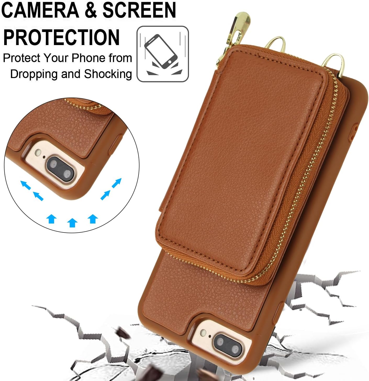 Phone Case for iPhone 6plus 6splus 7plus 8plus i 6/6s/7/8 Plus Wallet Cell Cover with Screen Protector Crossbody Strap RFID Blocking Card Holder iPhone6splus i Phone7s 7s 7+ 8s 8+ Phones8 Women Brown