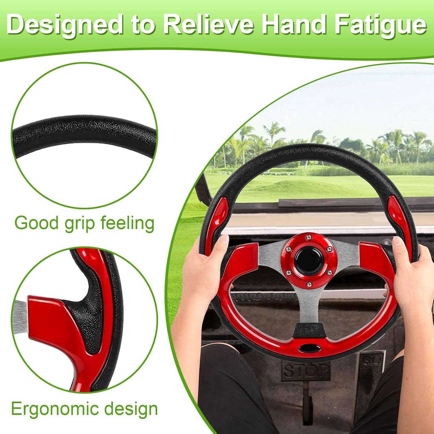 Golf Cart Steering Wheel for EZGO TXT/RXV/Valor/Marathon, Club Car DS/Precedent/Onward/Tempo and Yamaha G2-G29 Drive with 12.5 Inch Racing Comfortable Grip Ergonomic Design Precise Steering(A Ruby)