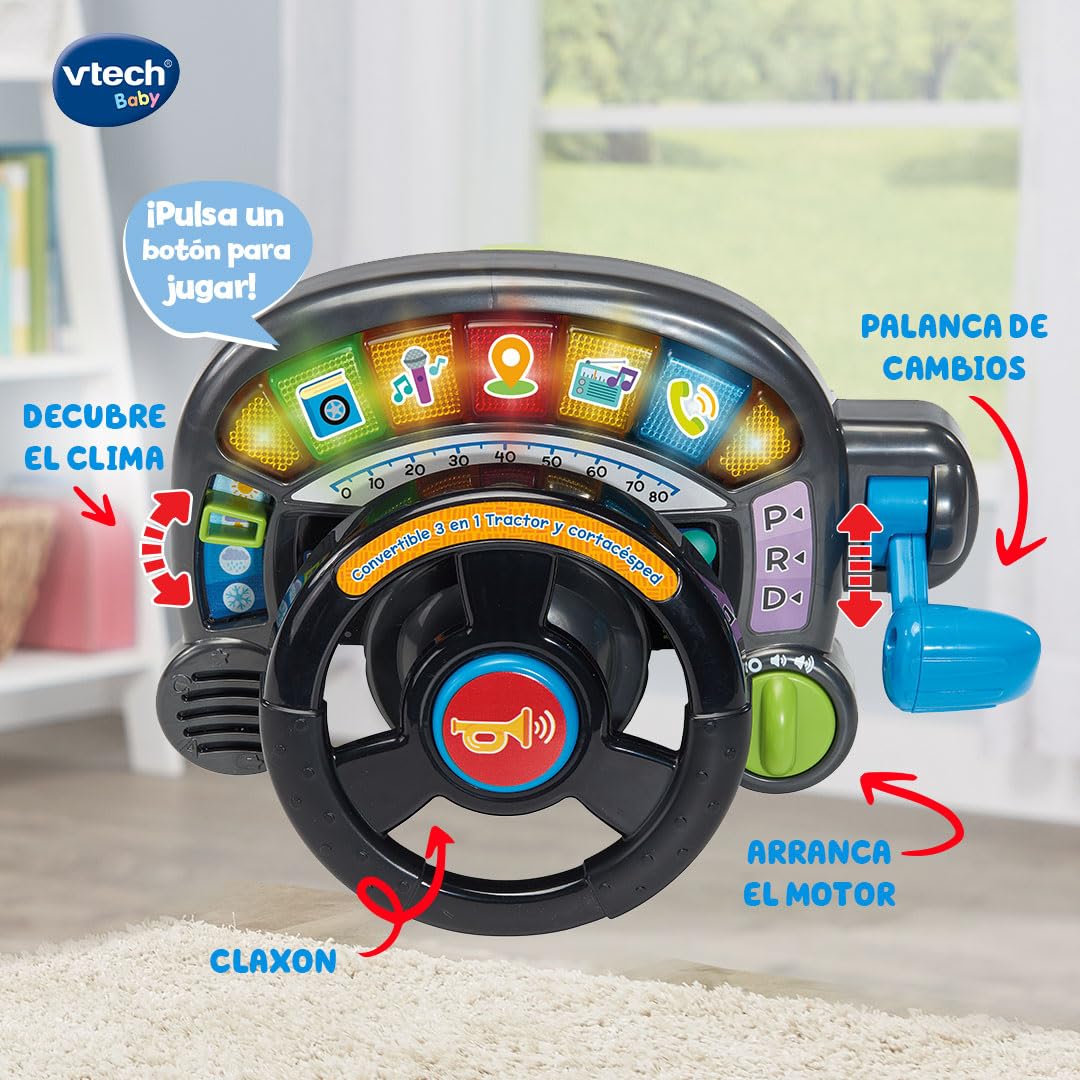 VTech-Baby Convertible 3 en 1 Tractor y Cortacésped, Juguete Niños +1 Año, Correpasillos y Andador con Volante Interactivo, Canciones, Melodías y Juegos de rol, Versión ESP