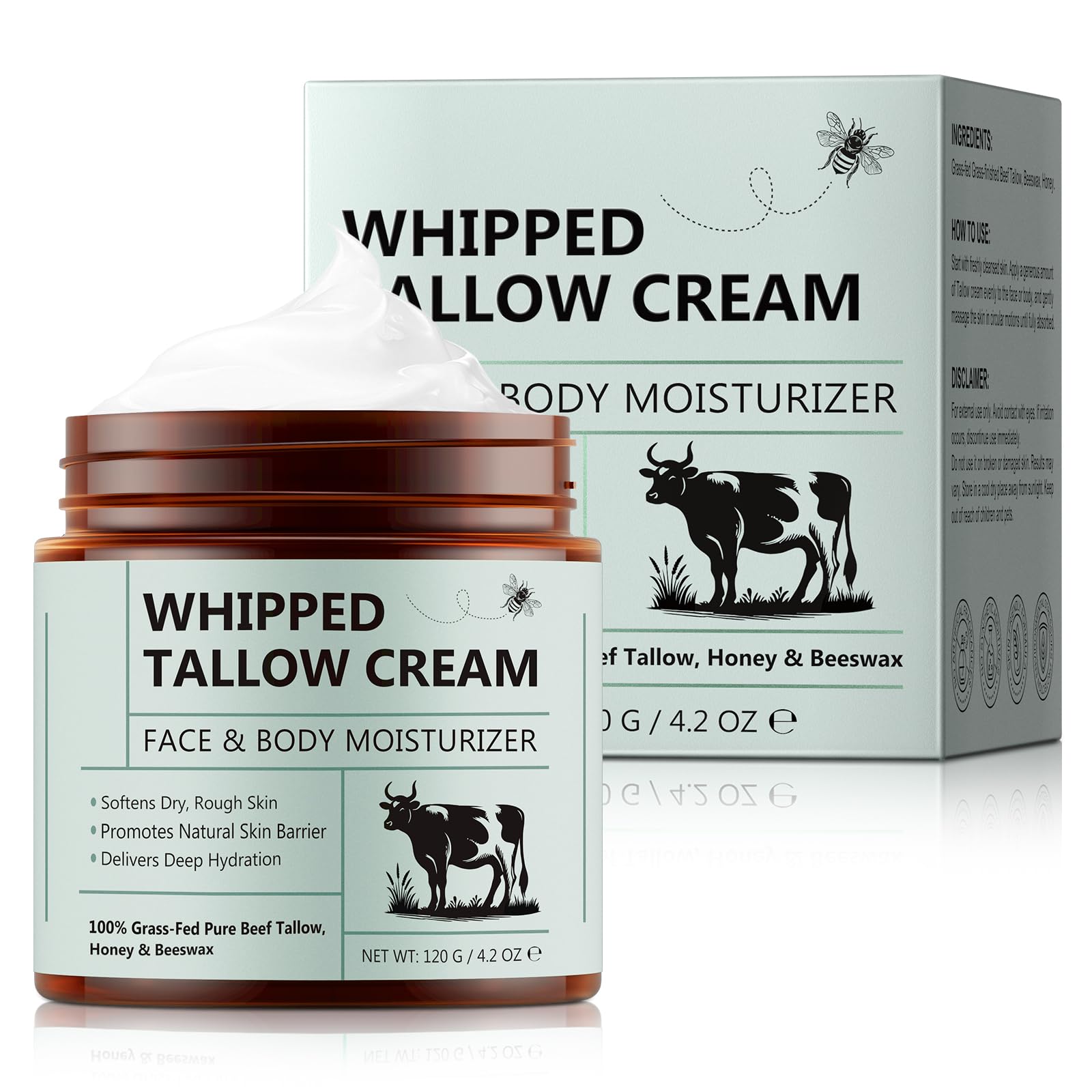 Whipped Tallow Gesichts- & Körpercreme 120g – 100% Grass-Fed Rindertalg, Honig & Bienenwachs – Natürliche Feuchtigkeit für trockene, empfindliche Haut, Anti-Aging & Ekzempflege