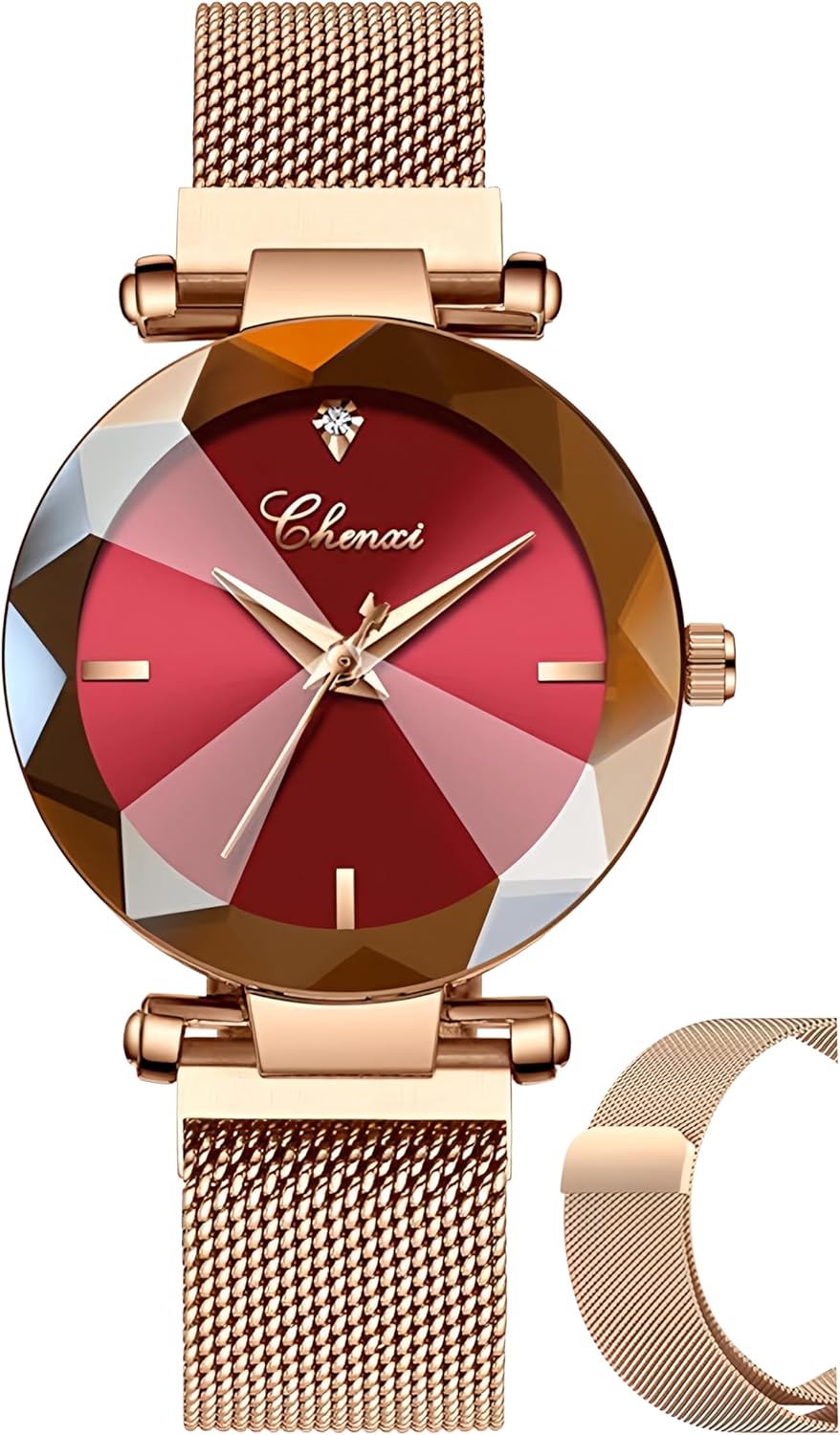 MASTOP Fashion Women Watch Crystal Face Magnetic Strap Rose Gold Stainless Steel Mesh Band Bracelet Wrist Watch