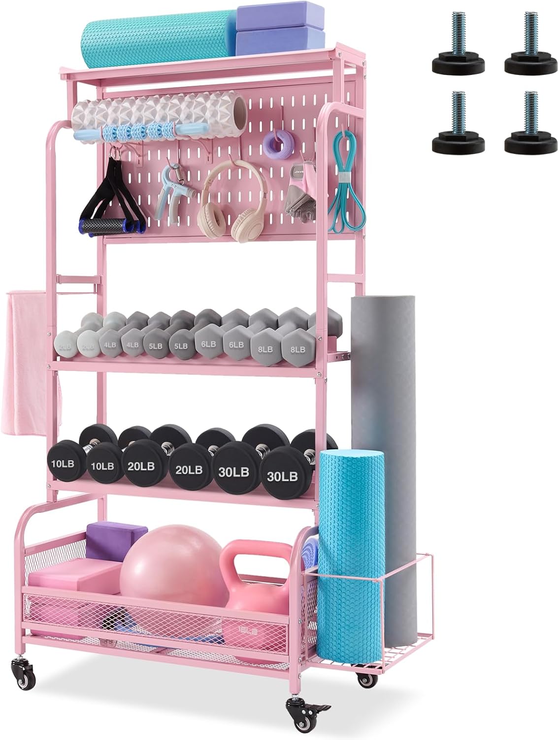 56” Taller Home Gym Storage Organizer, Yoga Mat Storage Rack with Hanging Board, Exercise Workout Equipment Storage Stand for Home Gym, Dumbbell Holder Kettlebell Rack with Wheels and Hooks