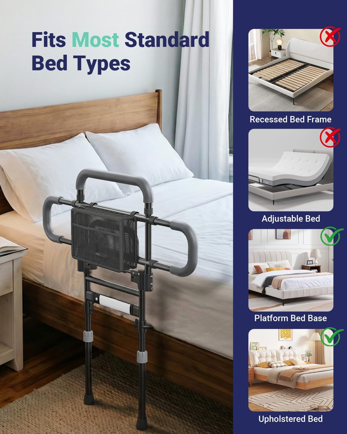 Bed Rails for Elderly Adults Safety, 180° Foldable Bed Rail with Adjustable Height & Width, 350lb Load, Extra-High Design, Wide Base, LED Light & Storage Pockets – Fits King/Queen/Full/Twin Beds