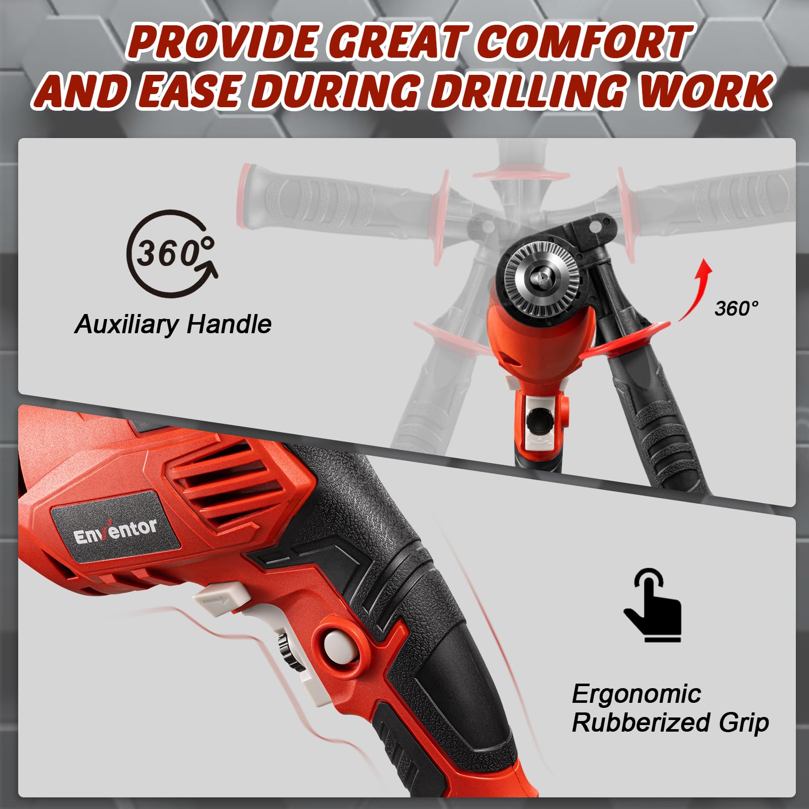 ENVENTOR Perceuse à Percussion Filaire 900W, Perceuse électrique avec 36 Accessoires, Fonction 2 en 1, 0-3000 tr/min, Poignée Rotative à 360°, mandrin de perçage 13 mm, pour Béton, Métal et Bois