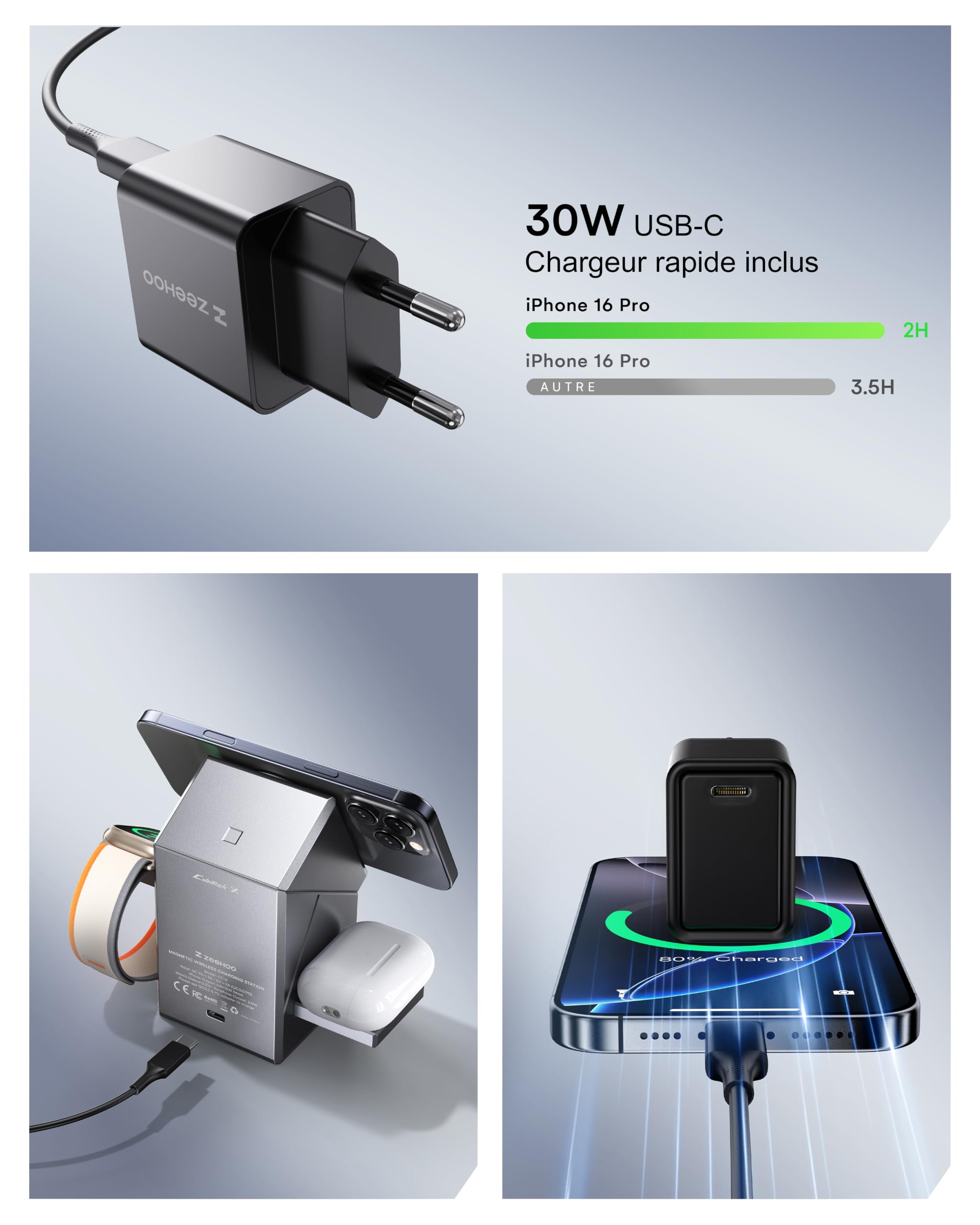 ZEEHOO Station de Charge 3 en 1 pour Apple, iPhone, Support de Chargeur Rotatif sans Fil pour iPhone 16, 15, 14, 13, 12, Apple Watch, AirPods (Chargeur USB-C Inclus)