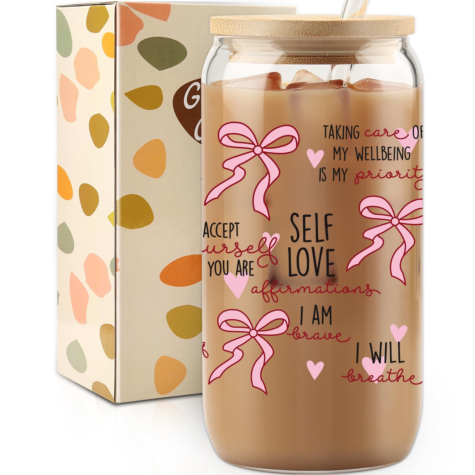 Gift for Her, Self Love Affirmations Glass Cup, Self-Love Gifts, Woman Tumbler, Birthday Gift, Gifts for Teenage Daughter, Coquette Coffee Cup, Pink