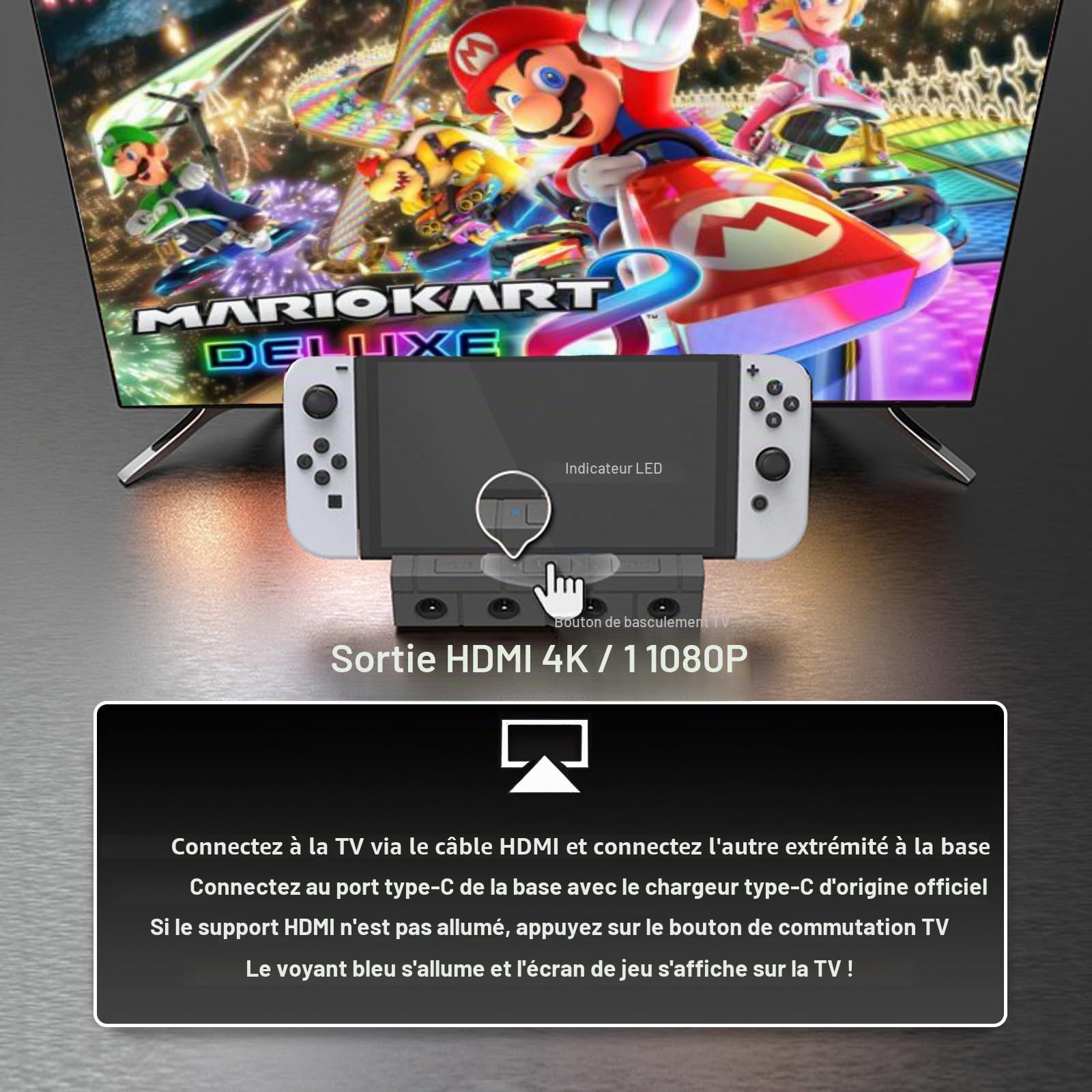 Station de Charge Compatible avec Nintendo Switch/OLED, Dock TV avec Adaptateur HDMI 4K/1080P, 4 Ports GC et 6 Emplacements de Jeu