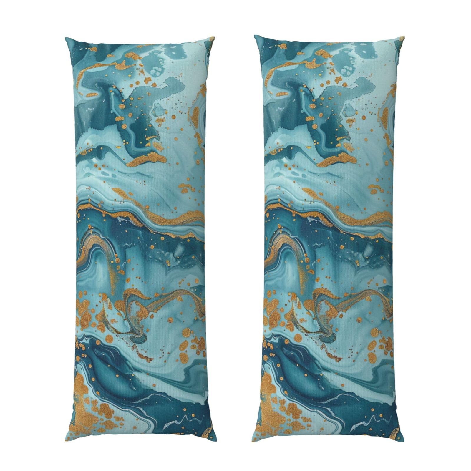 Body Pillow Cover 20x54 Inch, Azurite Teal and Foil Gold Oil Marble Pattern Print Long Lumbar Pillow Case with Zipper Long Body Pillowcase Decorative for Bed Sofa Bedroom