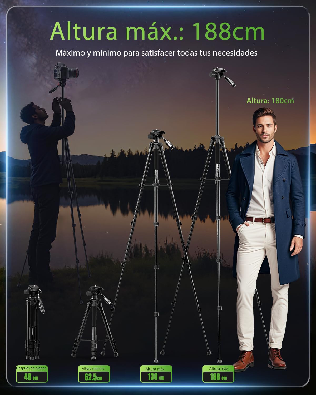CAMBOFOTO Cámaras Trípode Profesional de 188 cmpara Cámaras DSLR, Smartphones y Dispositivos con Montaje Universal 1/4" - Cabezal Panorámico de 3 Vías, Ligero y Compacto (Negro)