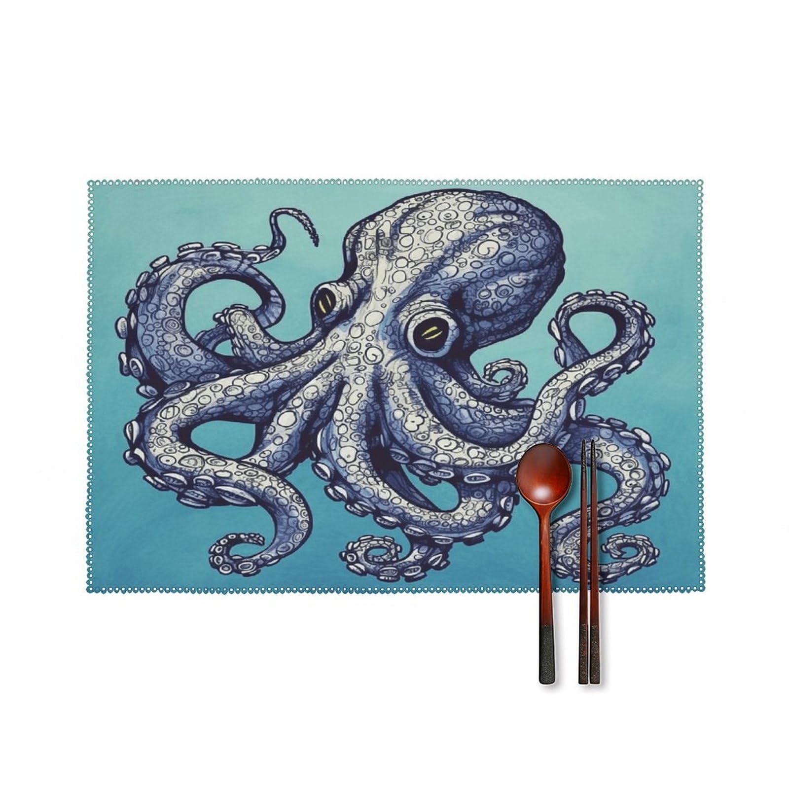 Octopus Design Placemats Set of 4 Heat Resistant Non-Slip Place Mats Reusable Dining Table Mats Canvas Place Mat Anti-Fading Waterproof Placemats for Dining Table Decor