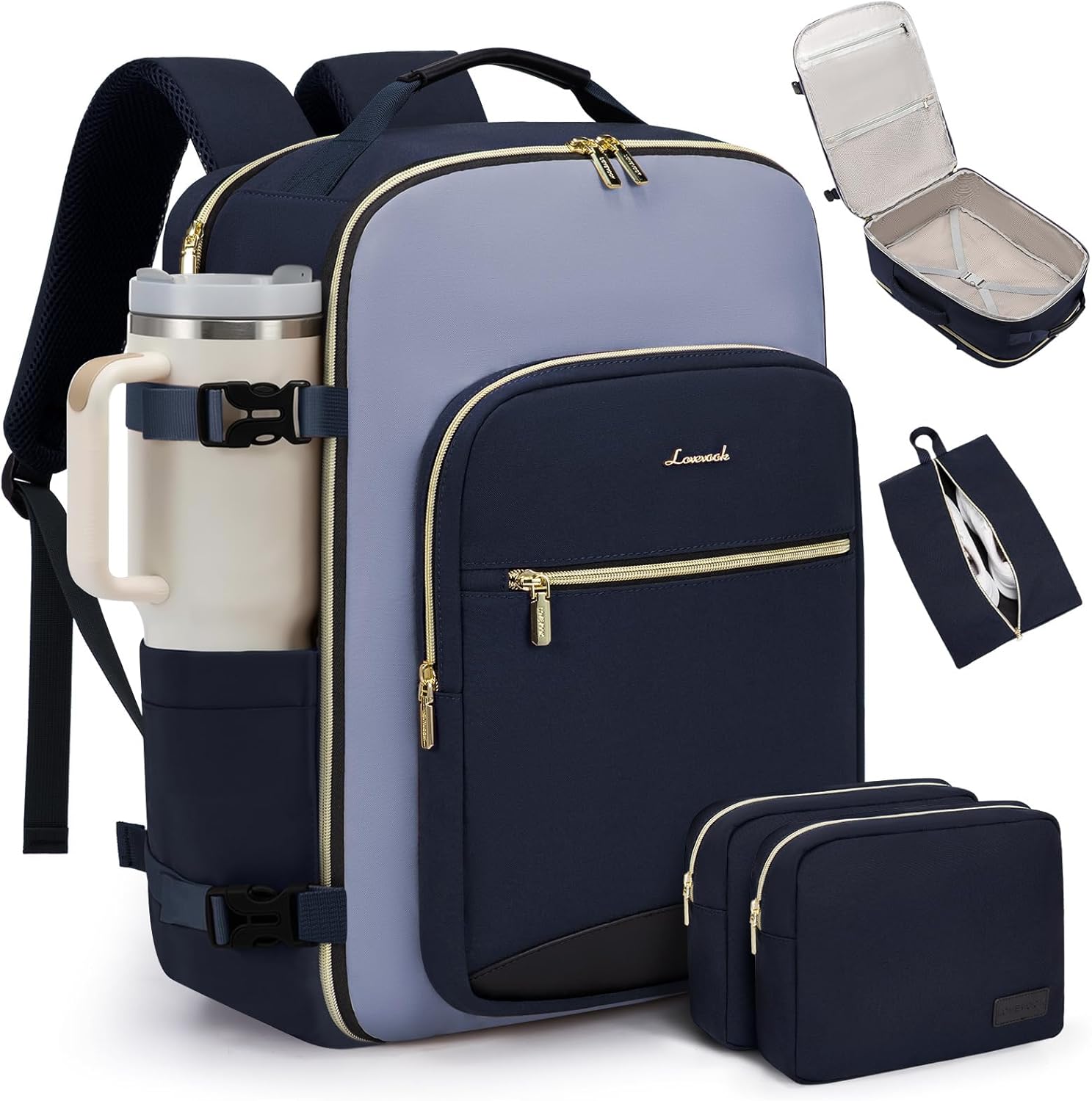 LOVEVOOK 40L Travel Backpack for Women & Men, Airline Approved Carry On Luggage with 3 Packing Cubes, TSA Overnight Bags, Waterproof Personal Item Bag, Weekender Essentials Backpacks fits 17" Laptop 40L-4Pcs Ink Blue-grey Blue-black