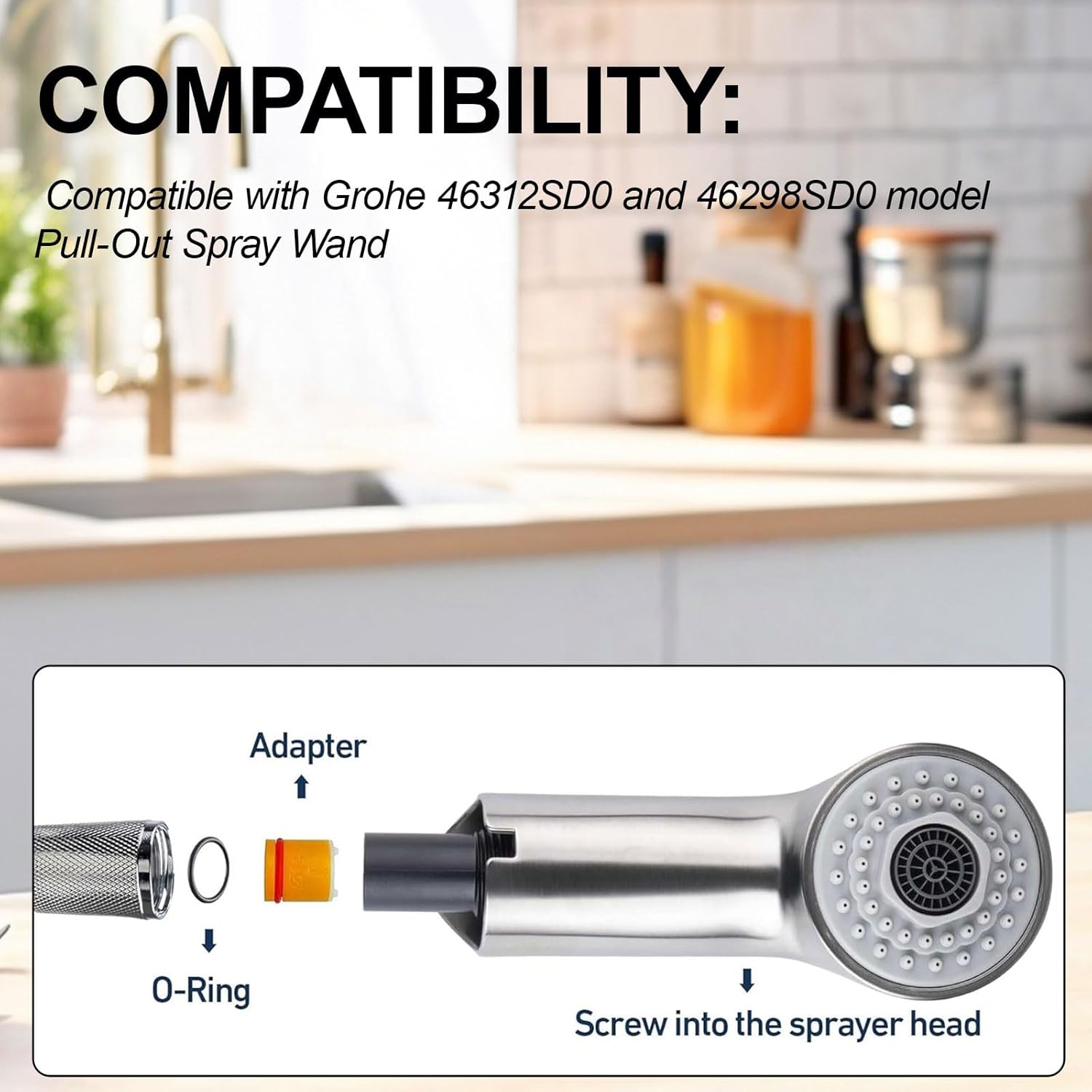 Pull-Out Spray Wand Fits Grohe Pull Out Faucets, Grohe Part 46312SD0 / 46298SD0, Super Steel Finish