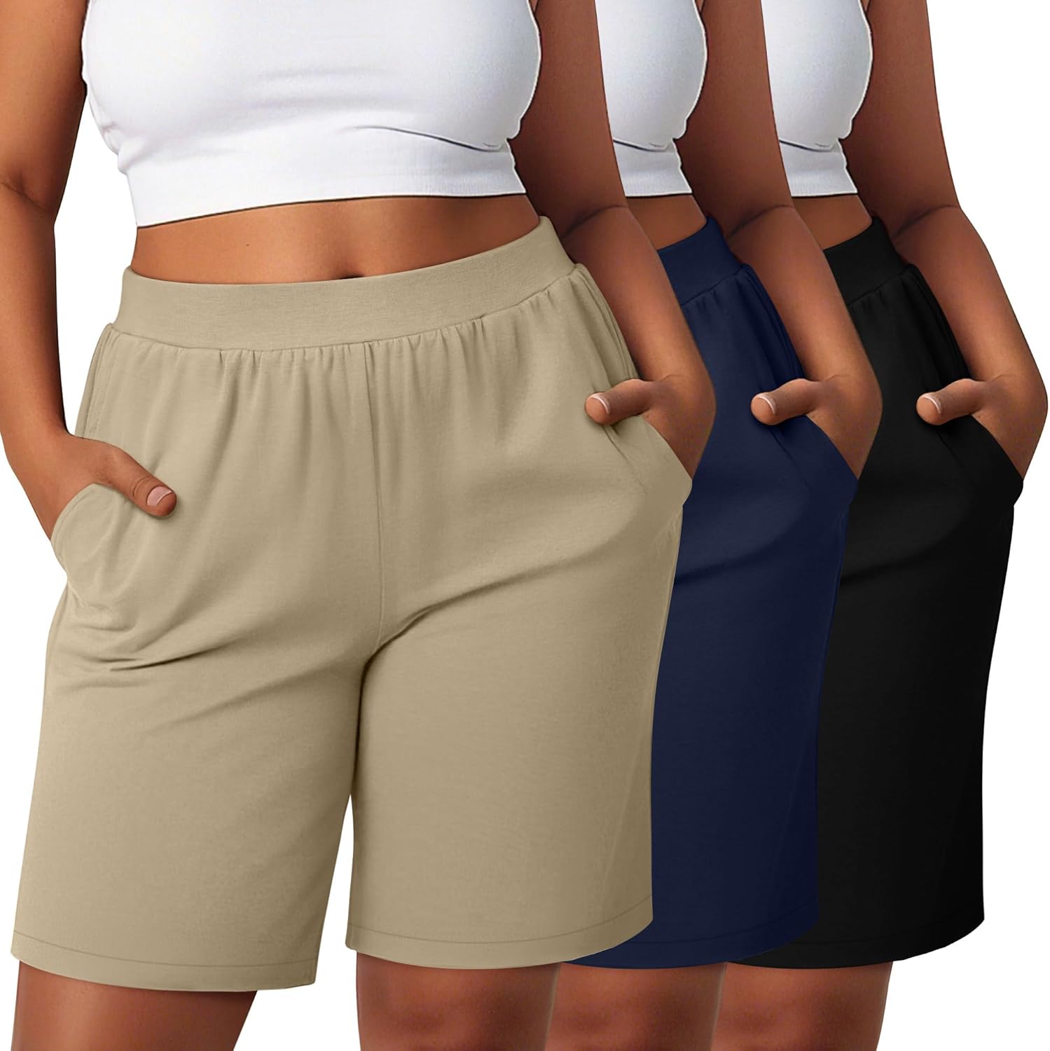 3 Pack Women's Plus Size Bermuda Shorts, High Waisted Elastic Bermuda Active Summer Shorts with Pockets