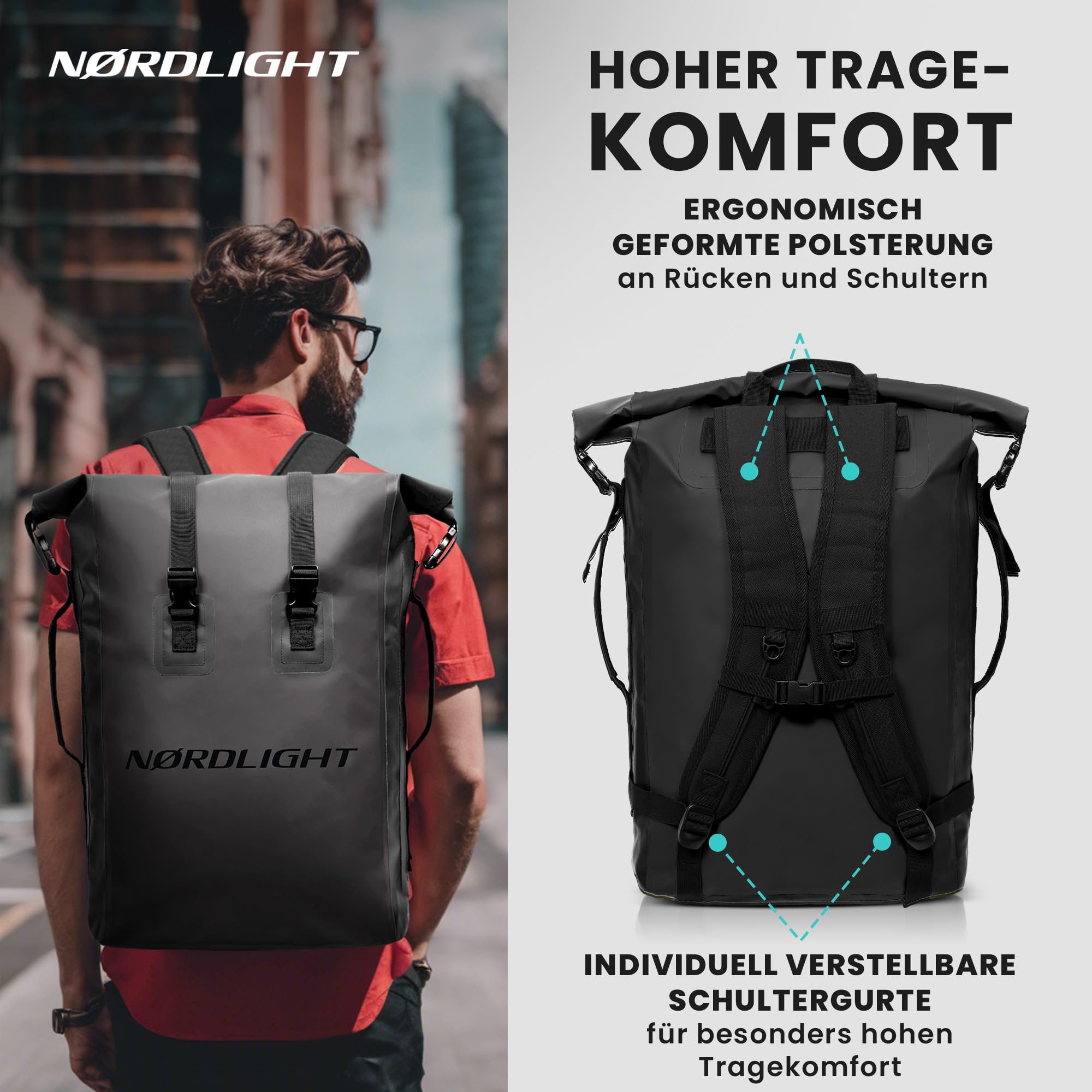 Nordlight Wasserdichter Rucksack Dry Bag 35l - Roll Top Rucksack mit gepolstertem Tragegurt, wasserdichte Tasche für Wassersport, Fahrrad Rucksack, Kurierrucksack, Trekking, Angeln