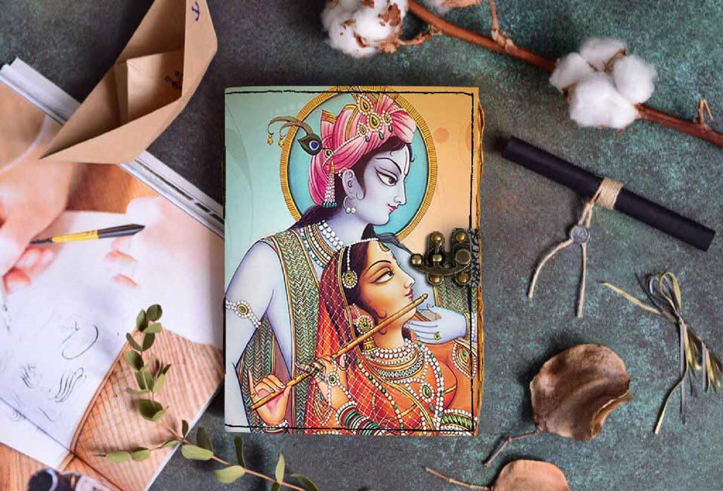 DI - KRAFT Rexine Cover Radha Krishna Printed Diary Vintage Old Pages Journal Diary for Personal and Office Use (7 x 5 Inch, Multicolor)      Unknown Binding