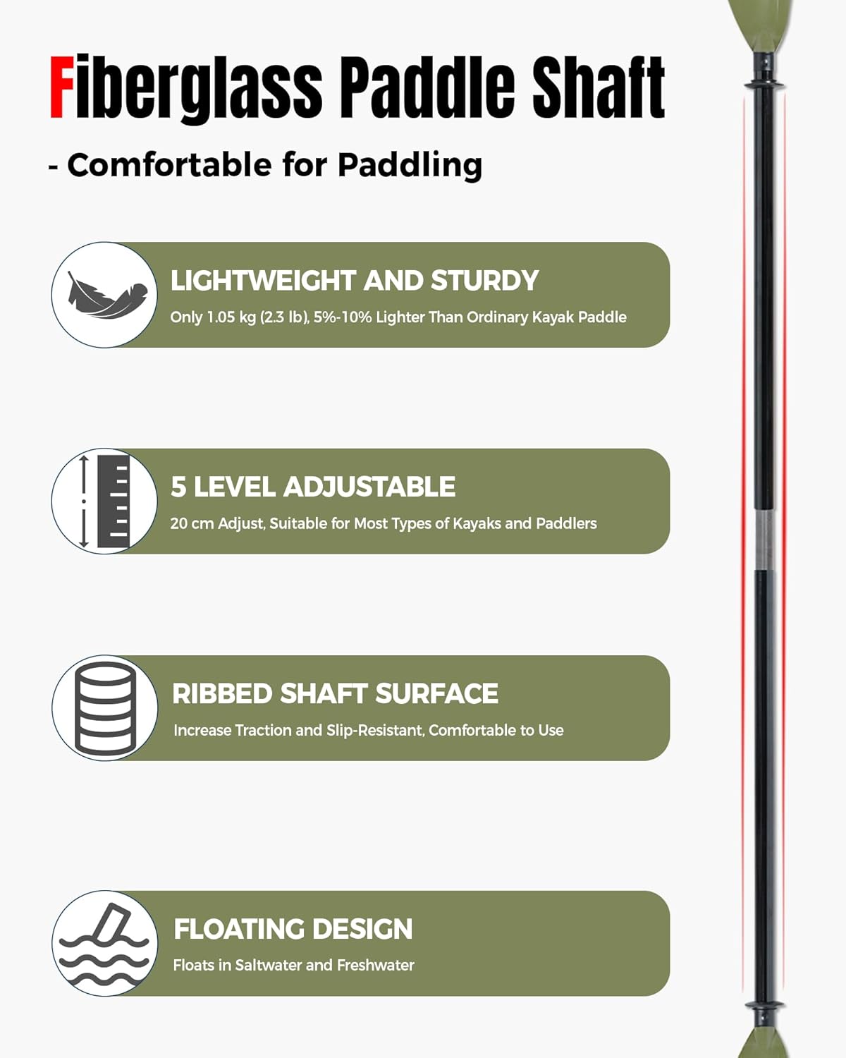 Angler Kayak Paddle with Fiberglass Shaft and Plastic Blade, Floating Adjustable Fihsing Kayak Oar, 220-240 cm/86-94", 240-260 cm/94-102", 260-280 cm/102-110"