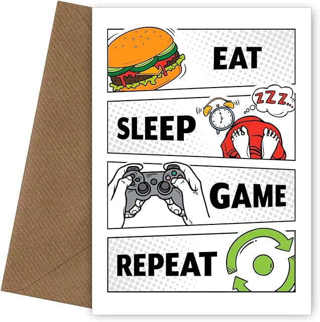 Gamer Birthday Card for Son Adult Grandson Boy - Eat Sleep Game Repeat - Gaming Birthday Card for 10 Year Old Boy, 11th, 12th, 13th, 14th, 15th, 16th