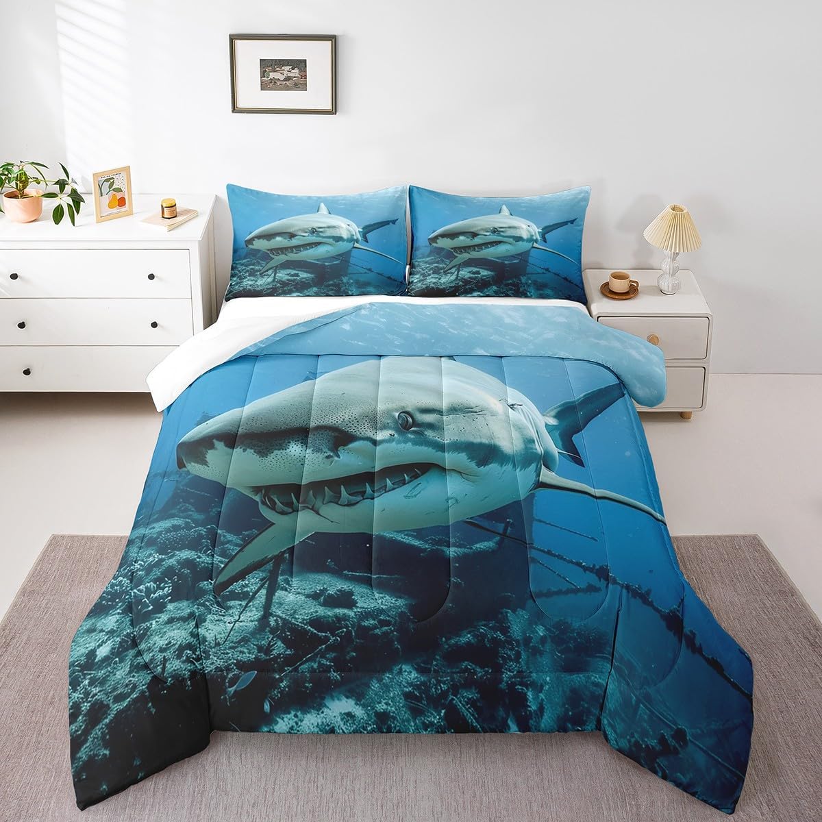 Feelyou Shark Comforter Set Marine Bedding Set for Adults Ocean Sea Animal Decor Comforter Sea Underwater World Duvet Set Quilt 3Pcs Full Size Boys