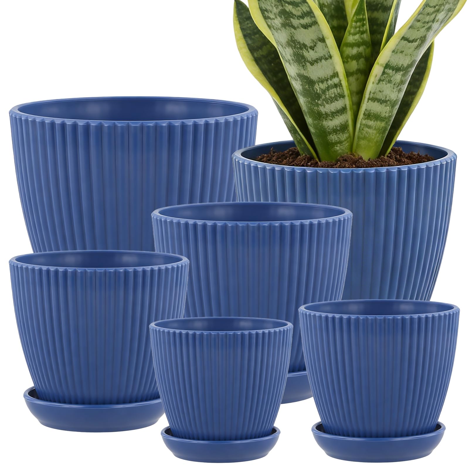 UNGFEI Set of 6 Plastic Blue Plant Pots with Drainage Holes, 19/17/15/13/11/9cm Decorative Flower Planters with Trays, Ribbed Design, Modern Stripe Grooves