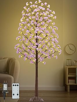 7FT Cherry Blossom Tree with 144 LED Lights, 432 Lush Pink Flowers, Artificial Lighted Cherry Blossom Tree with Remote 8 Modes, Timer for Spring Wedding Party Valentines Indoor Outdoor Decoration