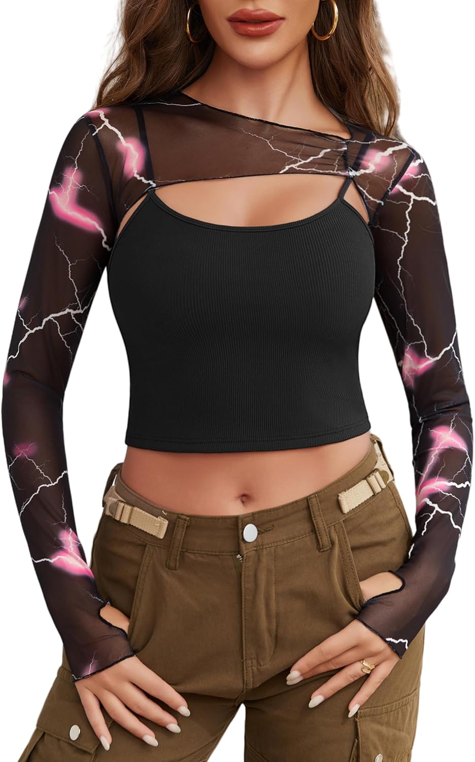 Avidlove Women Sexy Long Sleeve Mesh Crop Top Solid Cover Up with Spaghetti Strap Cami Top 2 Pieces Clubwear with Thumb Holes