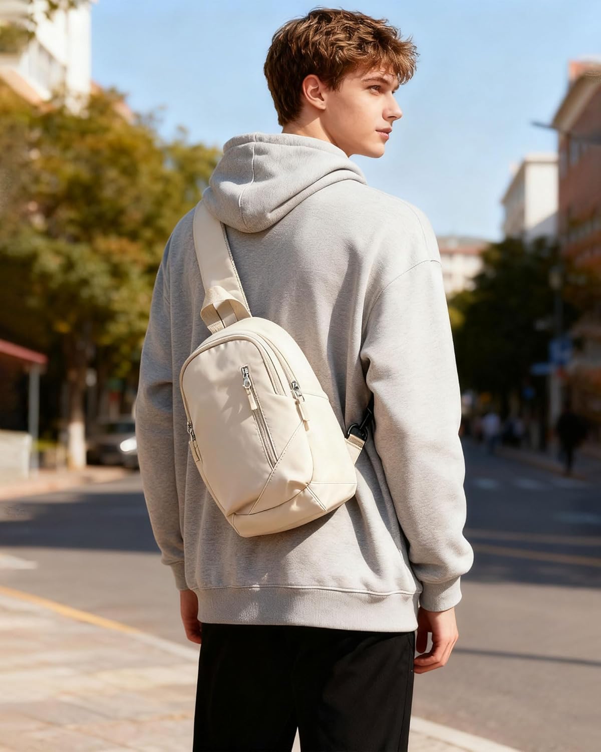 Crossbody Sling Backpacks Sling Bag for Men Women, Shoulder Backpack Chest Bags with USB Charger Port off white - Image 2