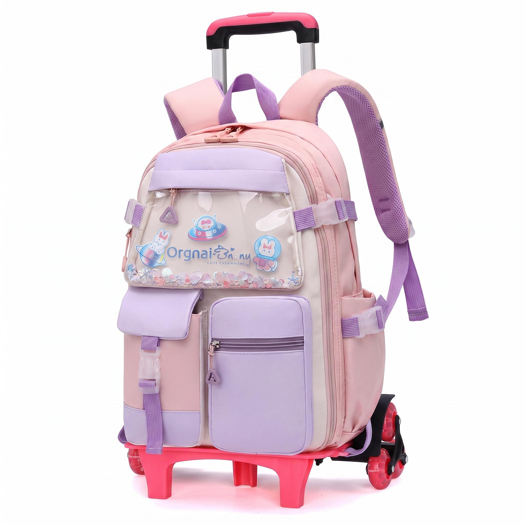Tanou Mochila escolar con ruedas para niñas, mochila escolar con ruedas de 2 a 5 clases, mochila escolar para niñas con 6 ruedas, desmontable, Rosa., Mittelgroße, Preppy