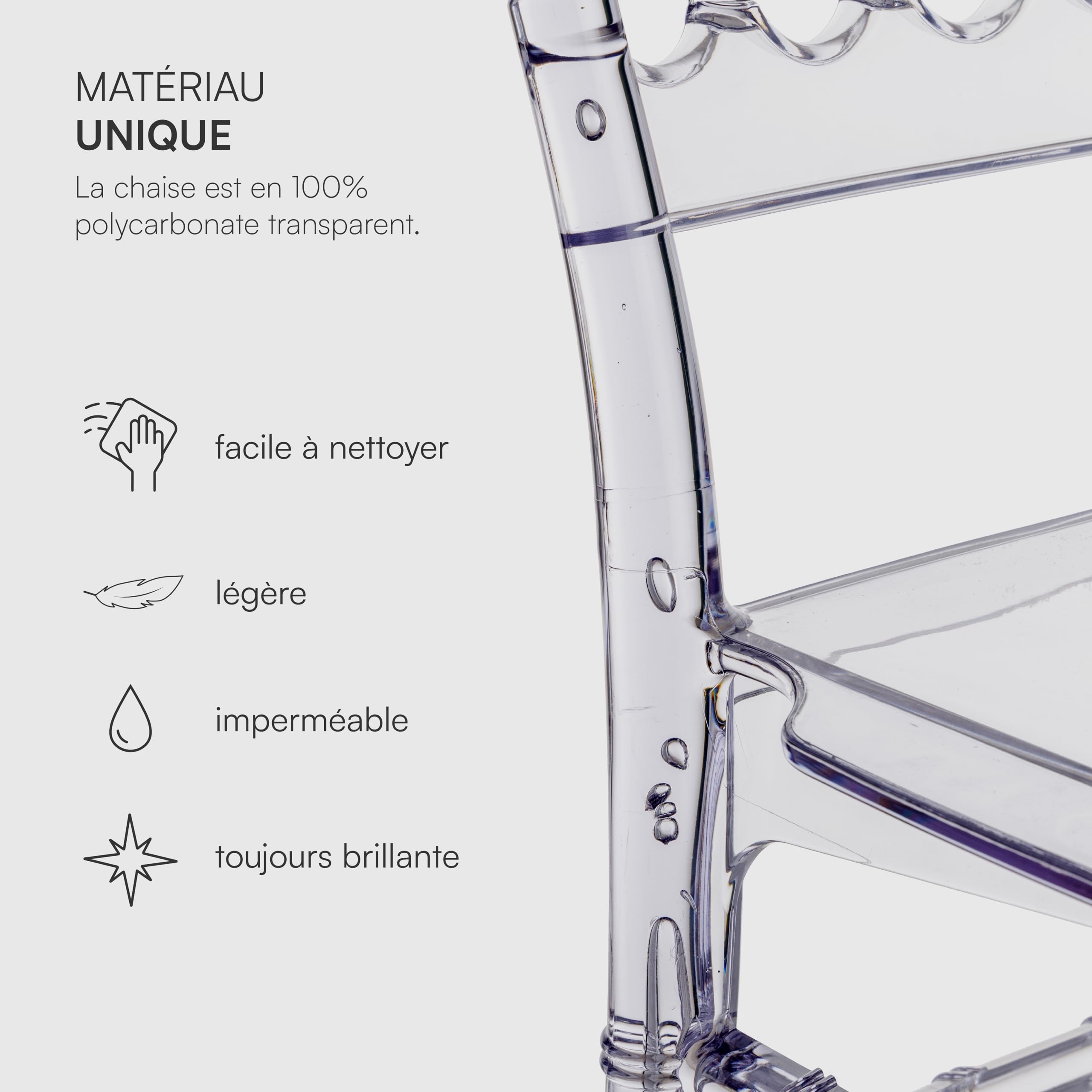 Baroni Home Set de 4 Chaises en Polycarbonate Transparent, Assise au Design Élégant Empilable et Imperméable pour Salon, Salle à Manger, Chambre à Coucher, 38X38X91 cm, Bambou
