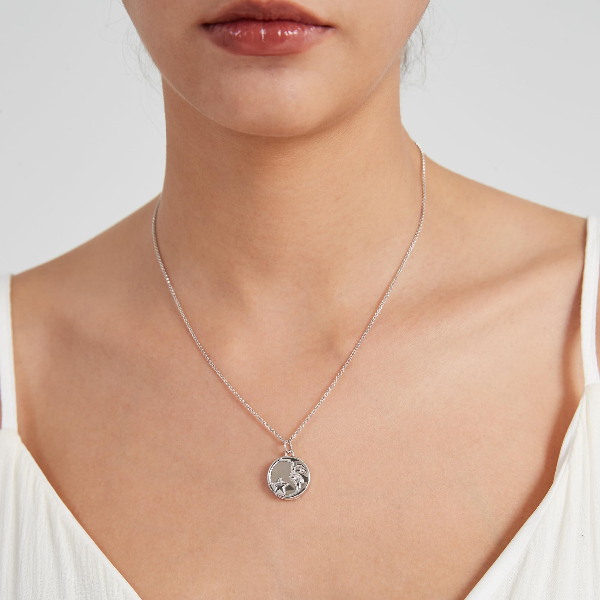 PERIMADE Collana con medaglione fotografico personalizzato che contiene foto, messaggio di testo inciso personalizzato luna stella moneta collana per donne, collana rotonda personalizzata regalo