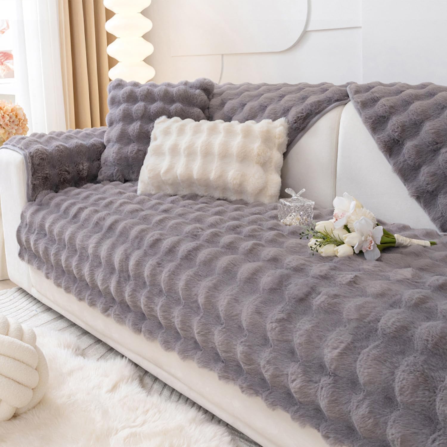 MERRYLIFE Thick Plush Faux Rabbit Fur Sofa Slipcovers 1-Piece Non-Slip Warm Soft Cozy Sofa Cushion Furniture Protector(Grey, Sofa Cushion 27"x82")