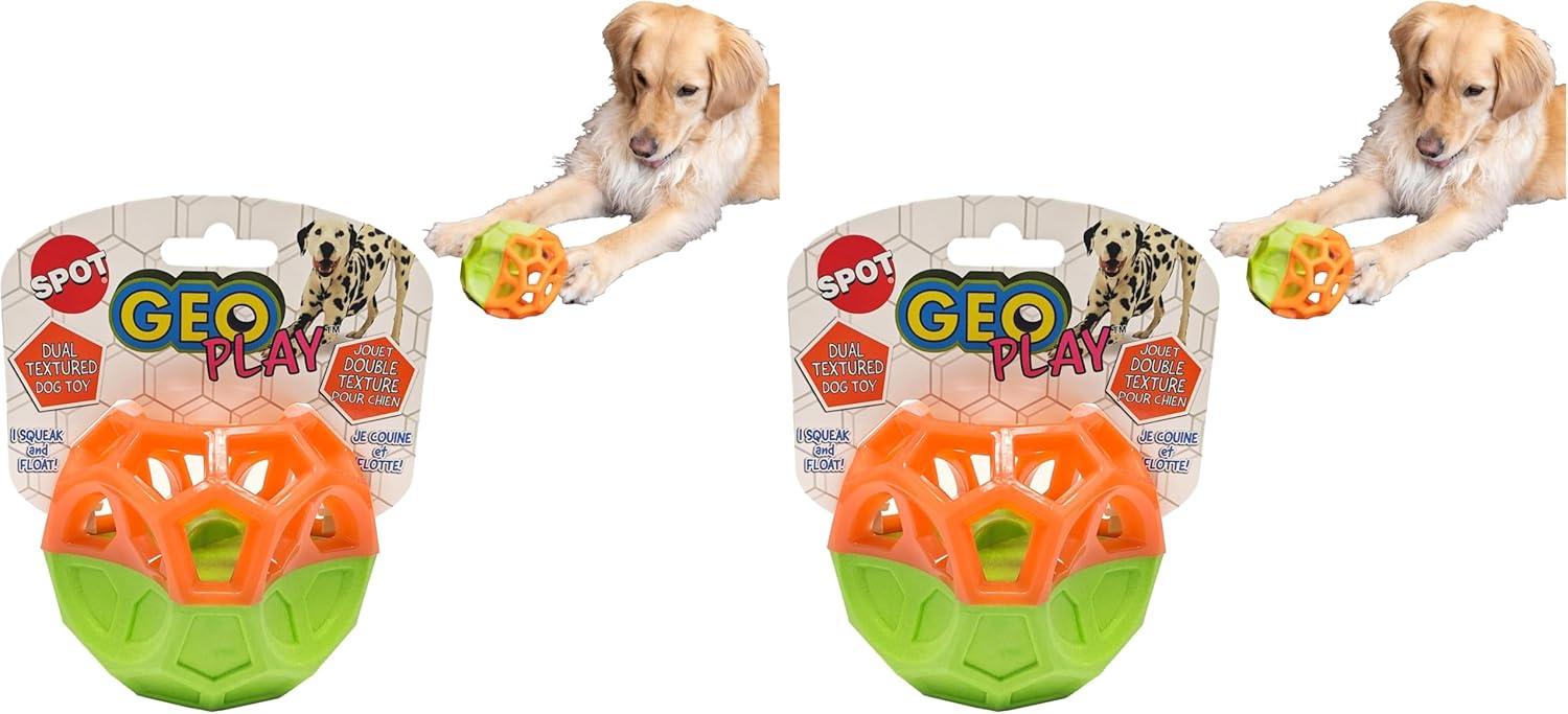 SPOT Geo Play Dual-Texture Cube Dog Toy – Durable Rubber & Foam, Squeaky, Floating, Treat-Dispensing Toy for Interactive Play, 3.5 Inches (Pack of 2)