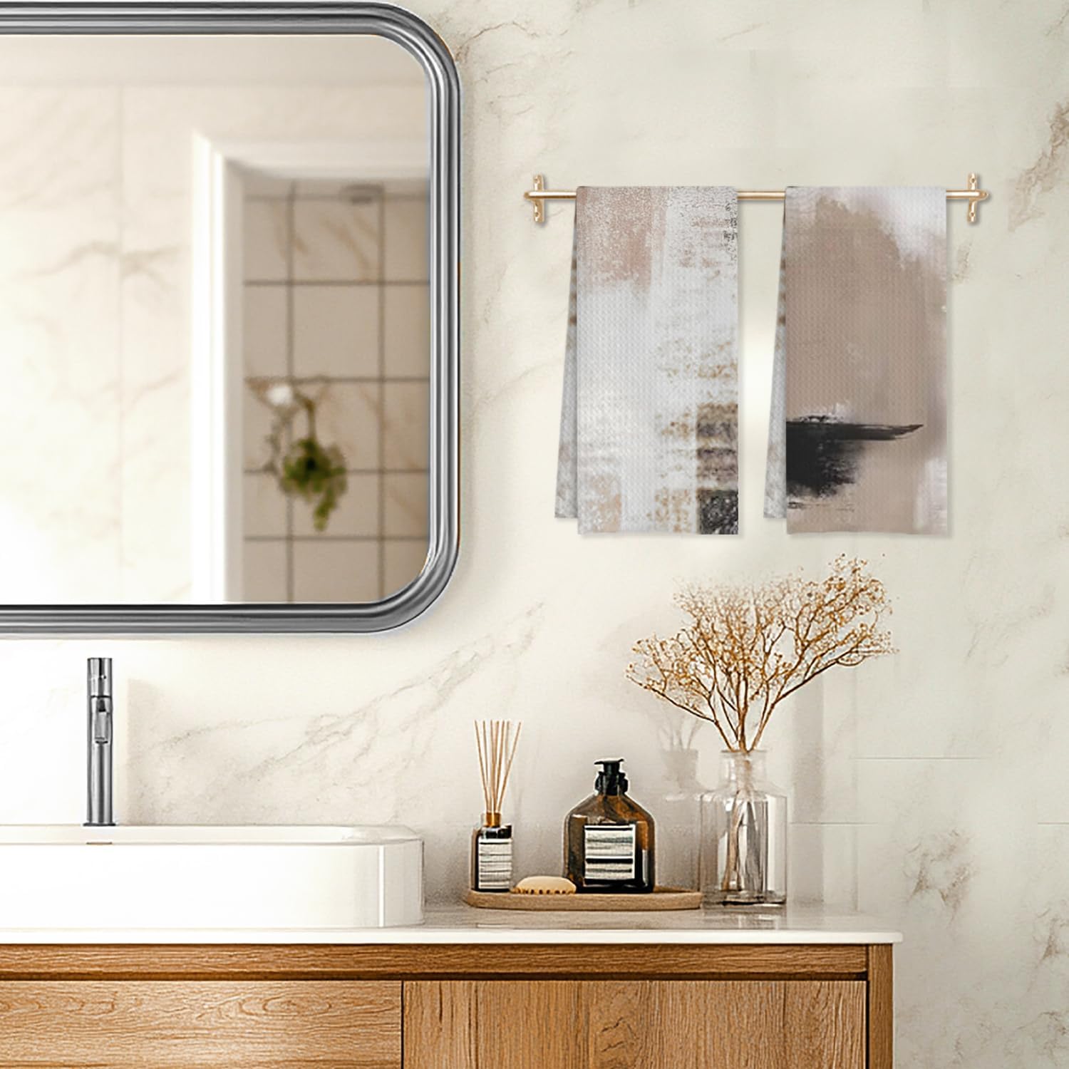 Abstract Boho Black White and Beige Kitchen Towels, Minimalist Boho Neutral Hand Towels for Bathroom Gym Spa, Mid Century Modern Contemporary Towels for Kitchen, 16x24 Inch Set of 2 (Color-6) - Image 5