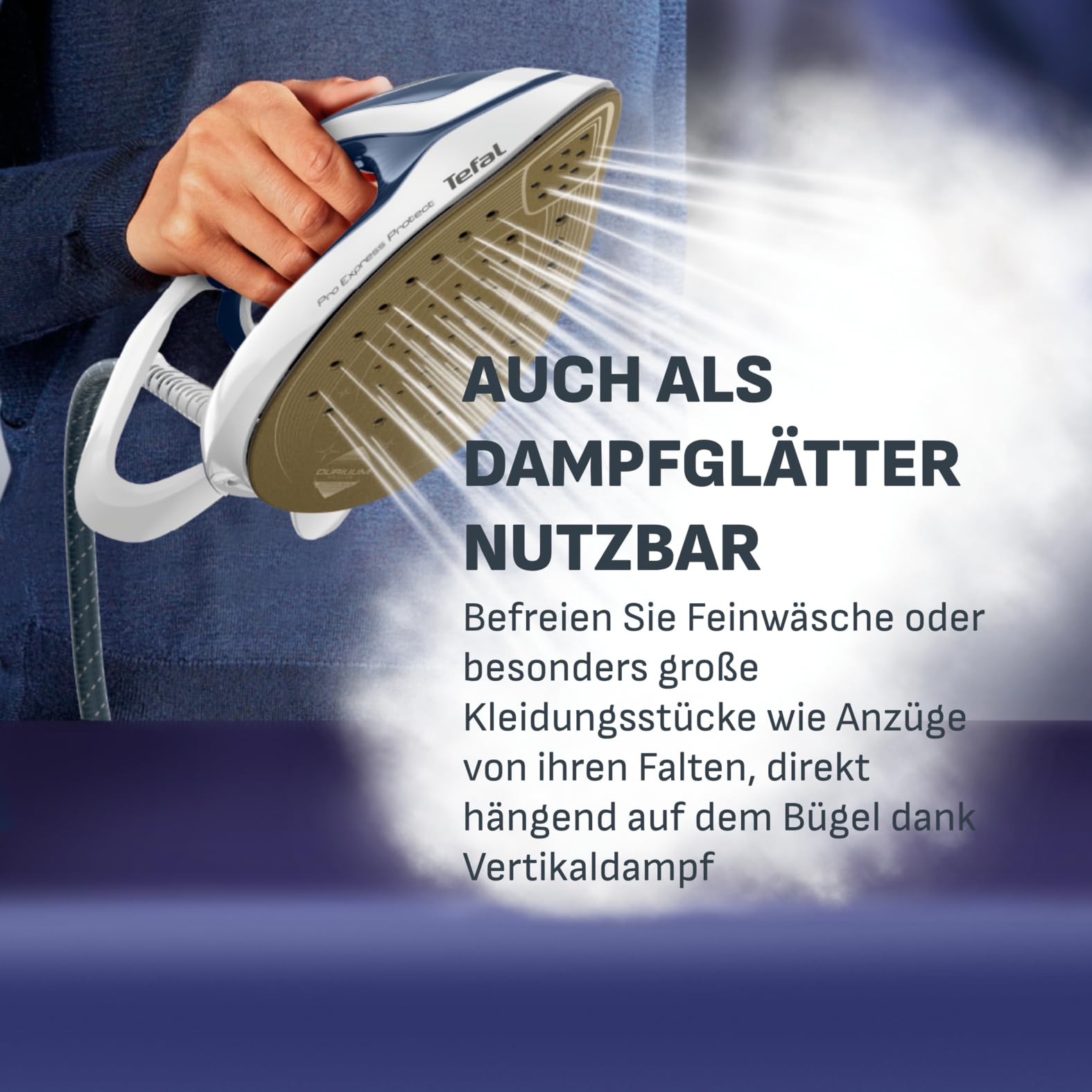 Tefal Pro Express Protect Dampfbügelstation, 7,6 Bar Dampfdruck, variable Dampfmenge: 140 g/Min., Dampfstoß: 550 g/Min., Anti-Kalk-Kollektor, vertikale Dampffunktion, blaugrau/weiß, GV9225