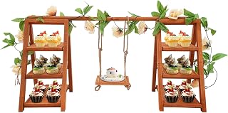 Wooden 3 Tier Cupcake Stand, Foldable Dessert Display for Party, Wedding | Rustic A-frame design with removable trays, foldable storage and floral accents for fruit and elegant table decor.