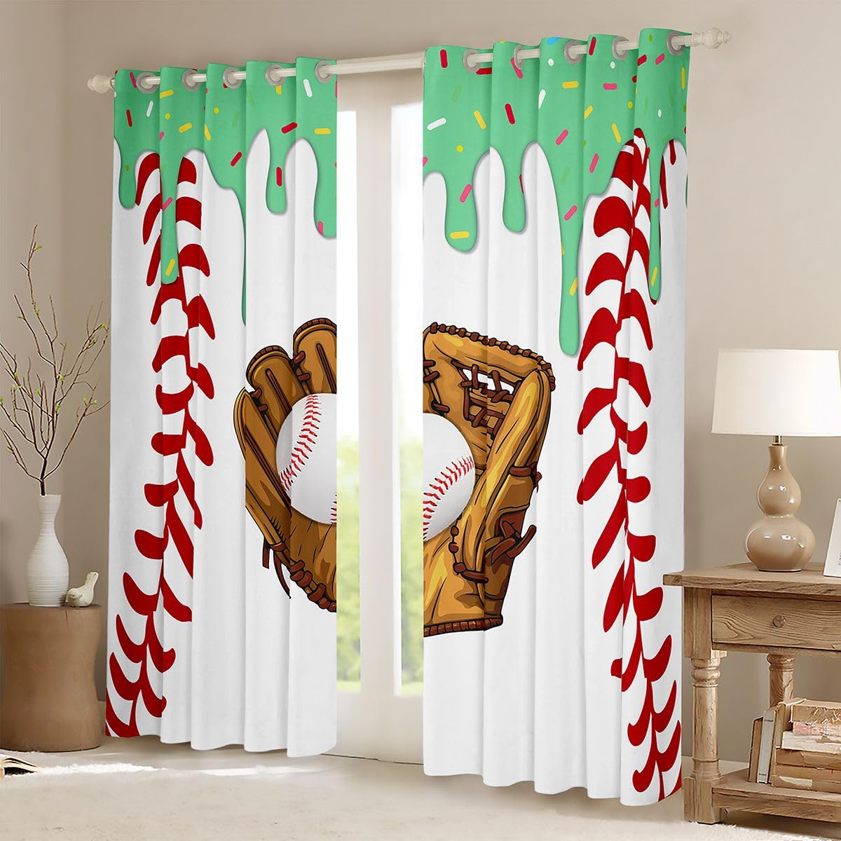 Homewish Zielone zasłony okienne z daszkiem, kremowe, 117 x 137 cm, 2 zestawy paneli – lodowe zasłony zaciemniające, rękawiczki baseballowe, dla miłośników gier, zasłony okienne, słodki deser, sporty