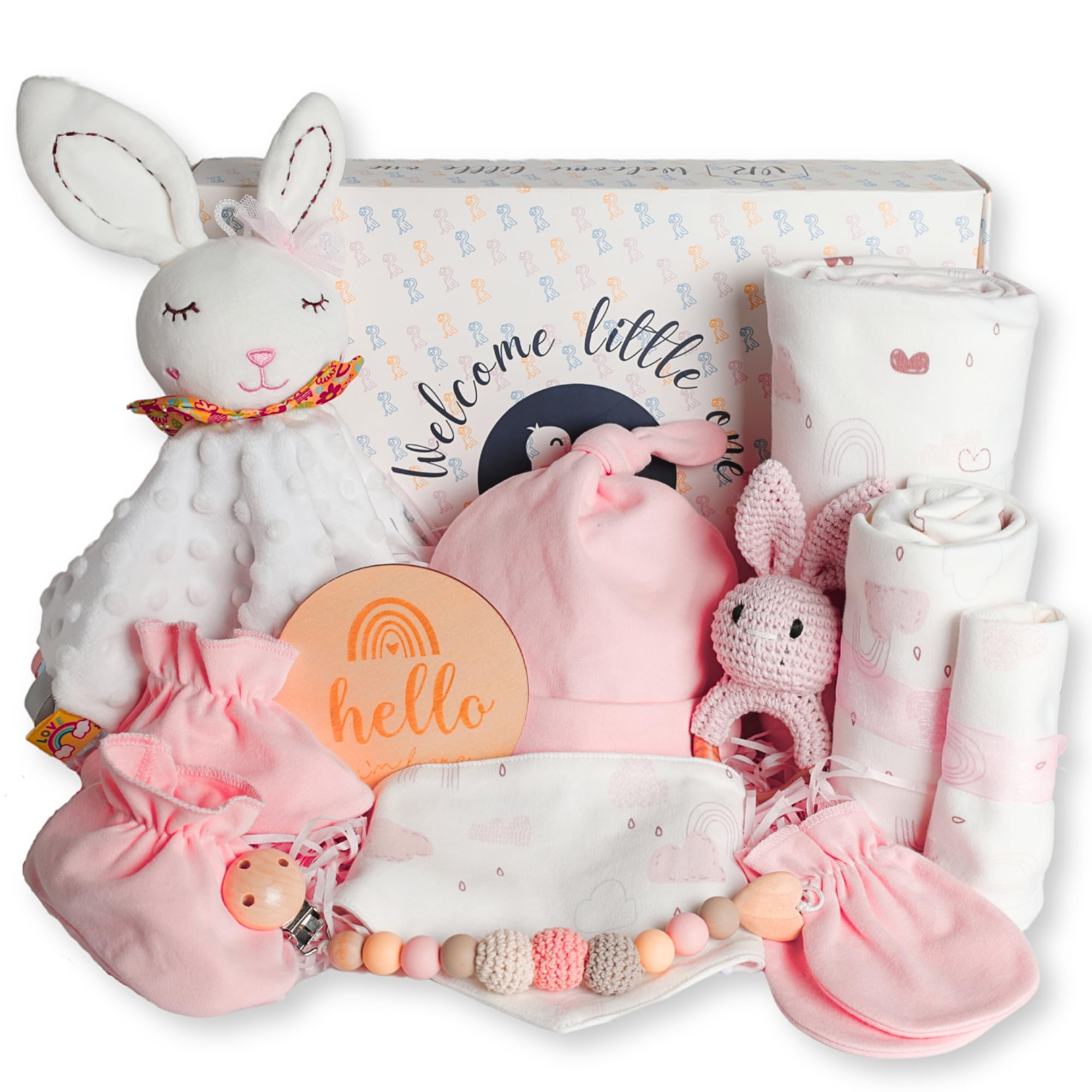 Nubelamb Set Regalo Neonata Rosa 0-3 Mesi - Body, Pigiama, Bavaglino, Calze, Coperta 85x85 Cm, Peluche E Palloncino Decorativo