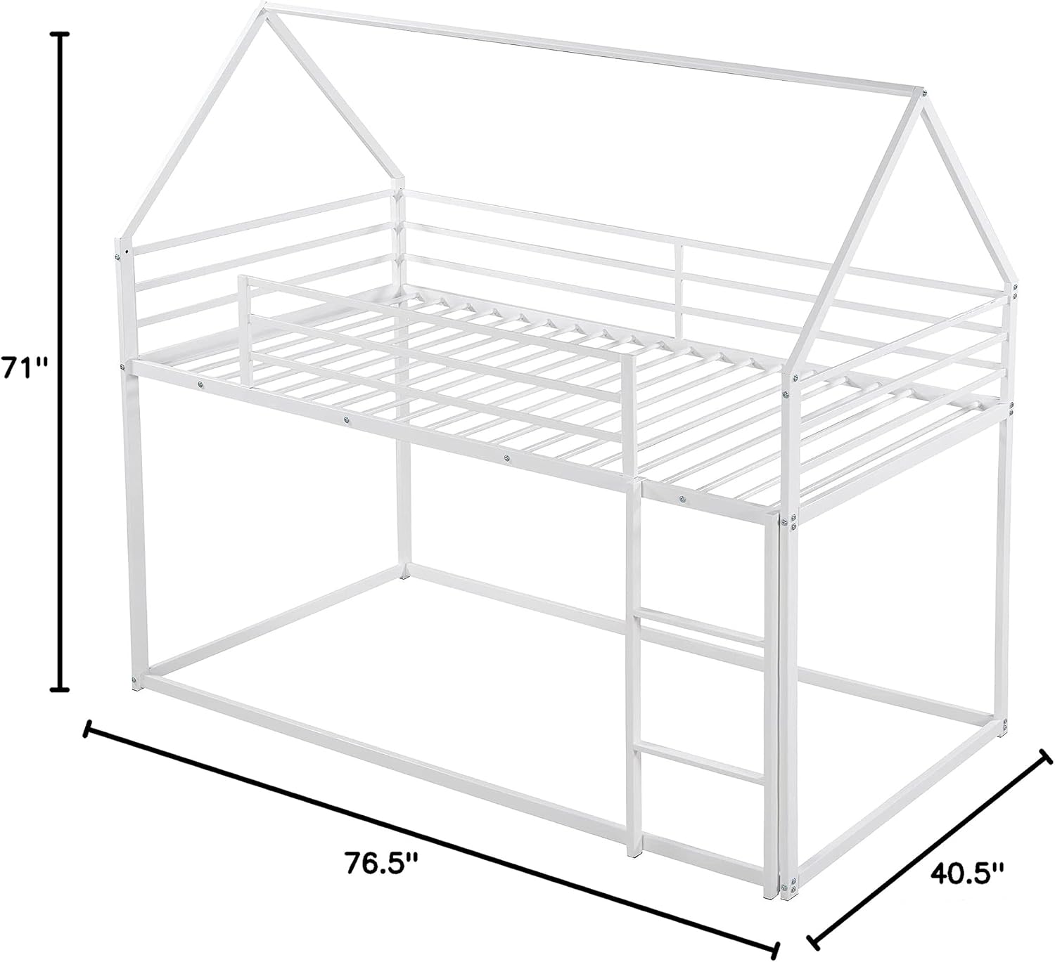 Merax Modern Heavy Metal House Low Bunk Bed Twin Over Twin, Montessori Floor Bunk Bed Frame with Full-Length Guardrail/No Box Spring Needed White