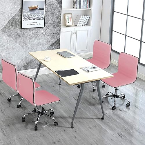 Miniatura 9 de Yaheetech Sillas de oficina ejecutivas de piel sintética acanaladas sin brazos con ruedas, sillas giratorias ajustables con respaldo bajo, color rosa