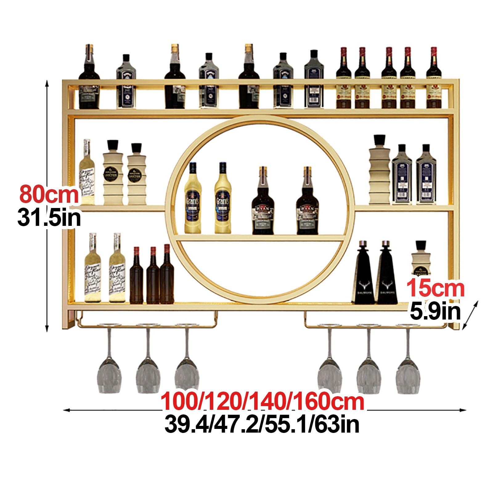 Portabottiglie da parete a 3 ripiani con luce LED, espositore multifunzionale per vino, ripiani galleggianti in metallo per bottiglie di liquore e bicchieri da vino, per casa, ristorante, bar (colore